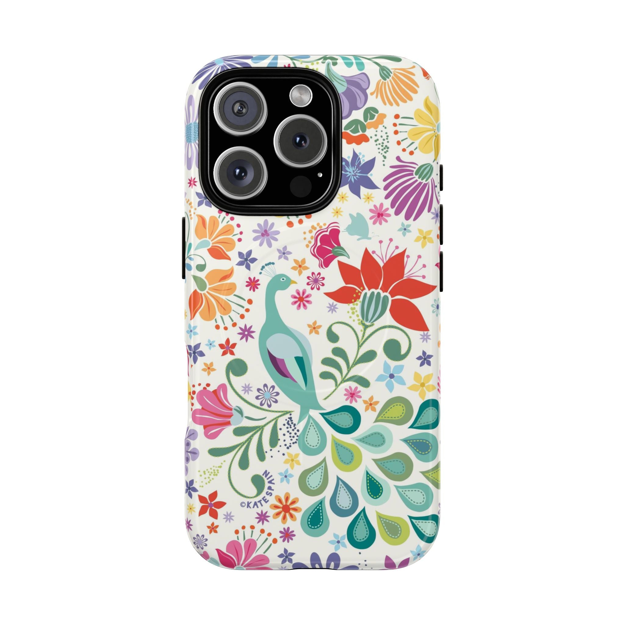 Peacock Sanctuary MagSafe iPhone 16 Pro Case – Glossy | cream, teal, coral multicolor vibrant peacock feather botanical print