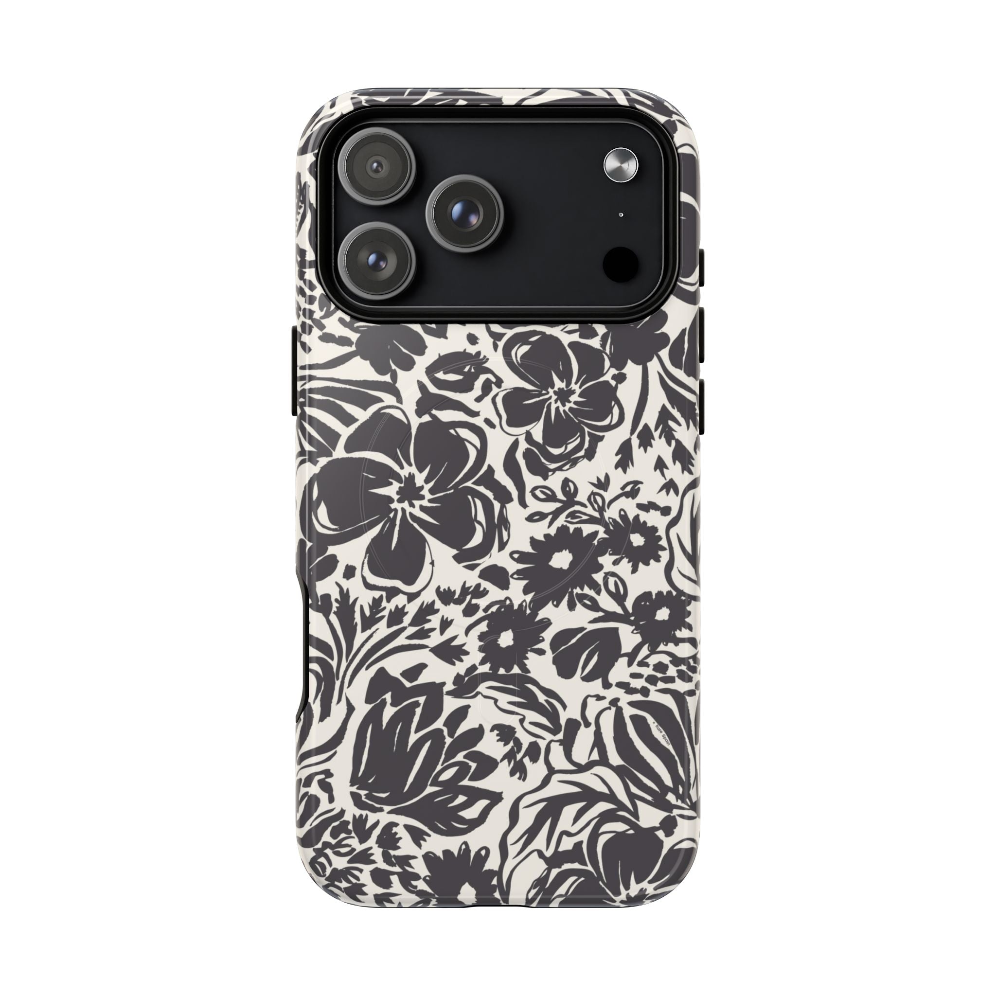 Rhapsody Black MagSafe iPhone 17 Pro Max Glossy case — bold charcoal floral print on cream by Kate Spain