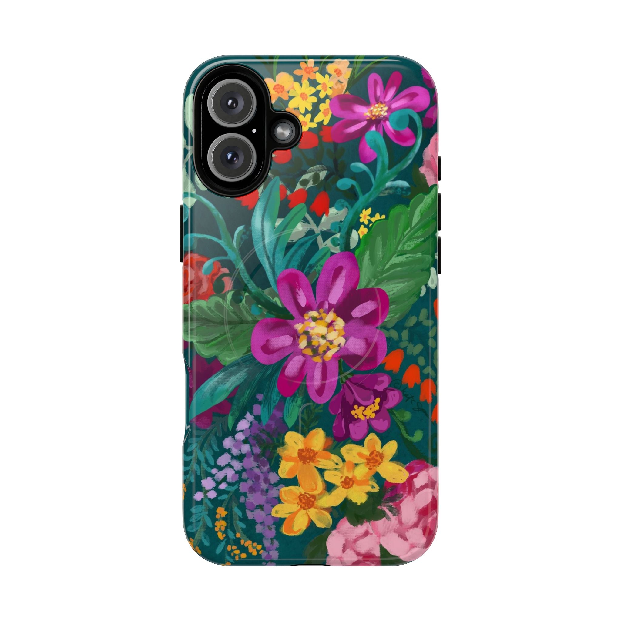 Posy MagSafe iPhone 16 Plus Case – Glossy | teal, purple, magenta, yellow botanical wildflower print