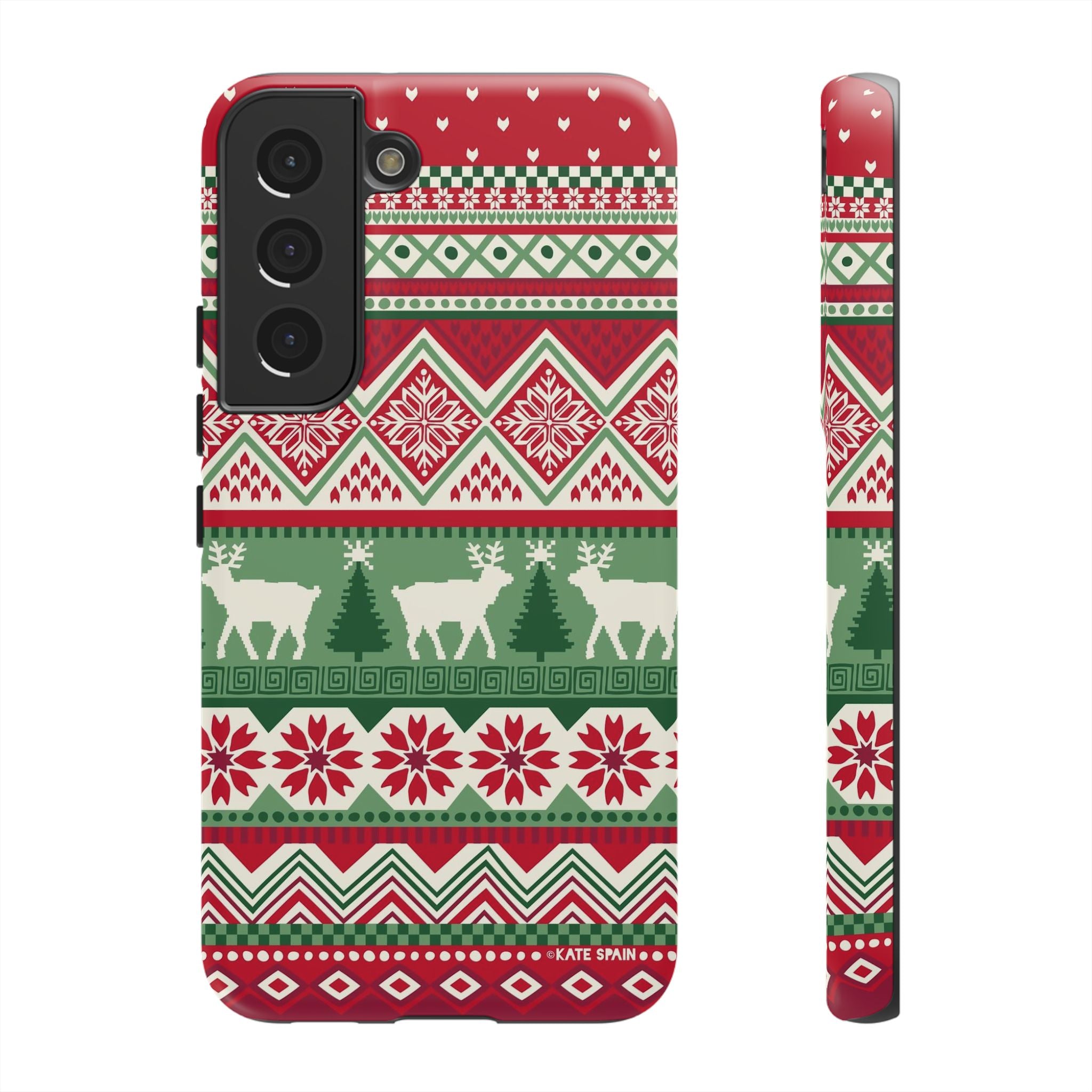 Luxury Telemark Samsung Galaxy S22 Case – Matte | red, green, cream Nordic fair isle reindeer print