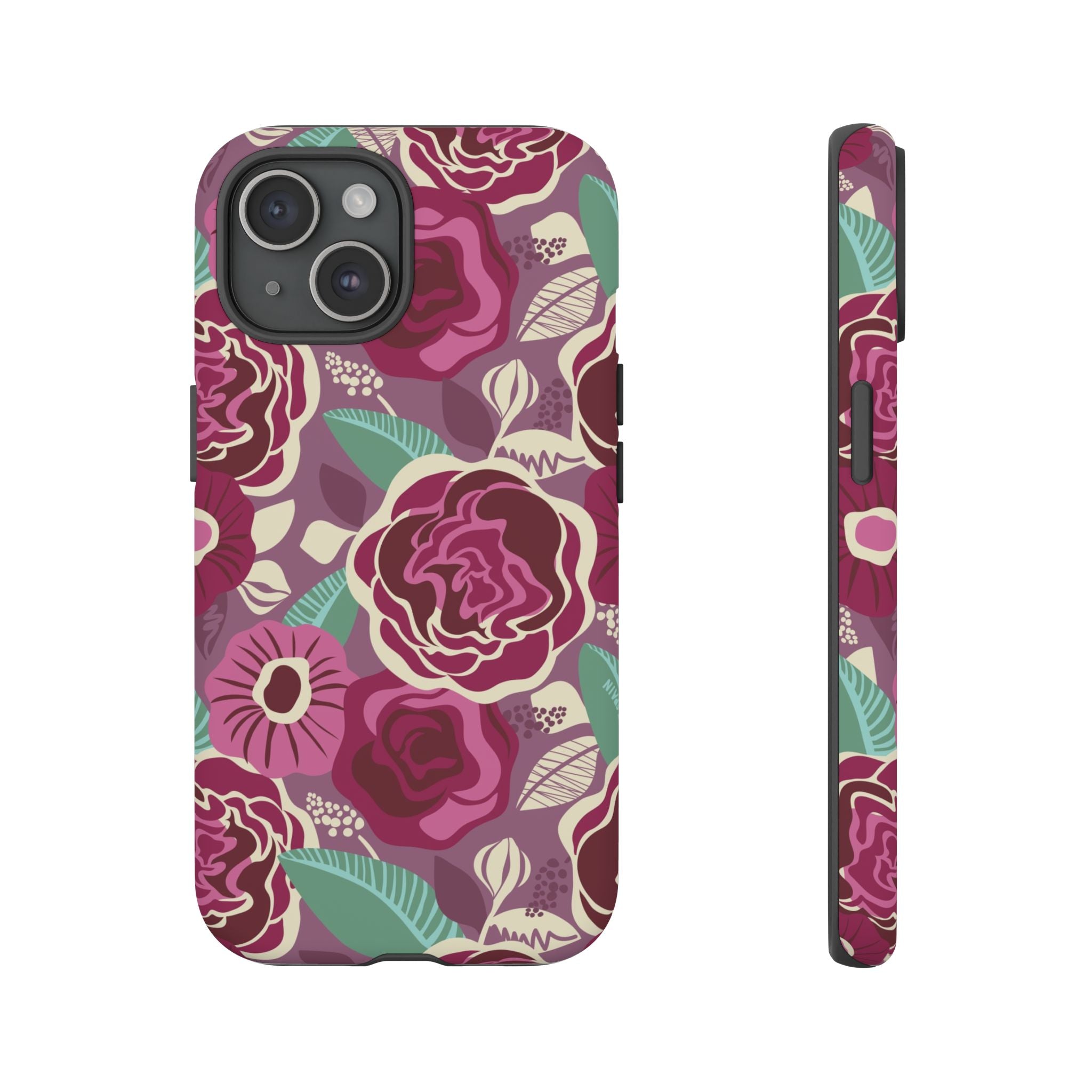 Tea Rose Burgundy Tough iPhone 15 Case – Matte | burgundy, magenta, plum botanical rose floral print