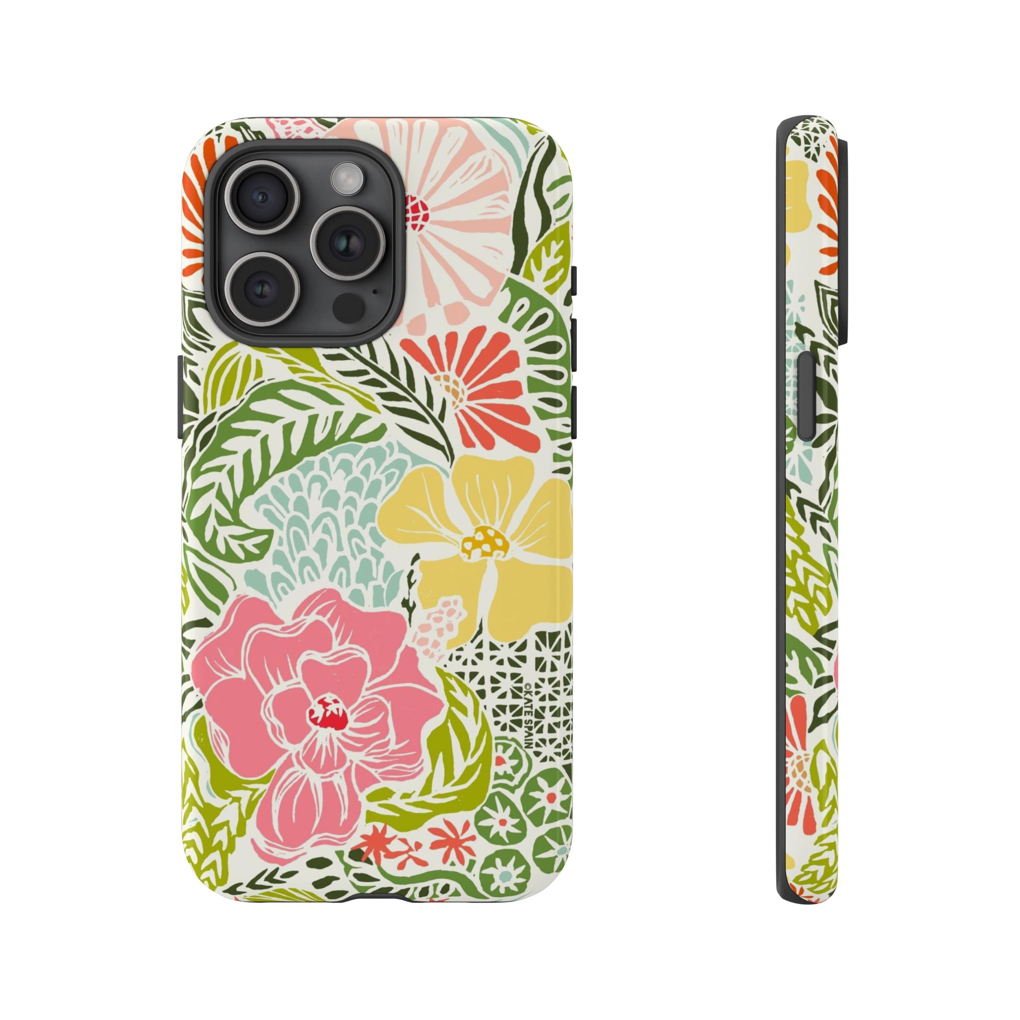 Tropica Tough iPhone 15 Pro Max Case – Glossy | cream, pink, yellow, blue botanical floral print