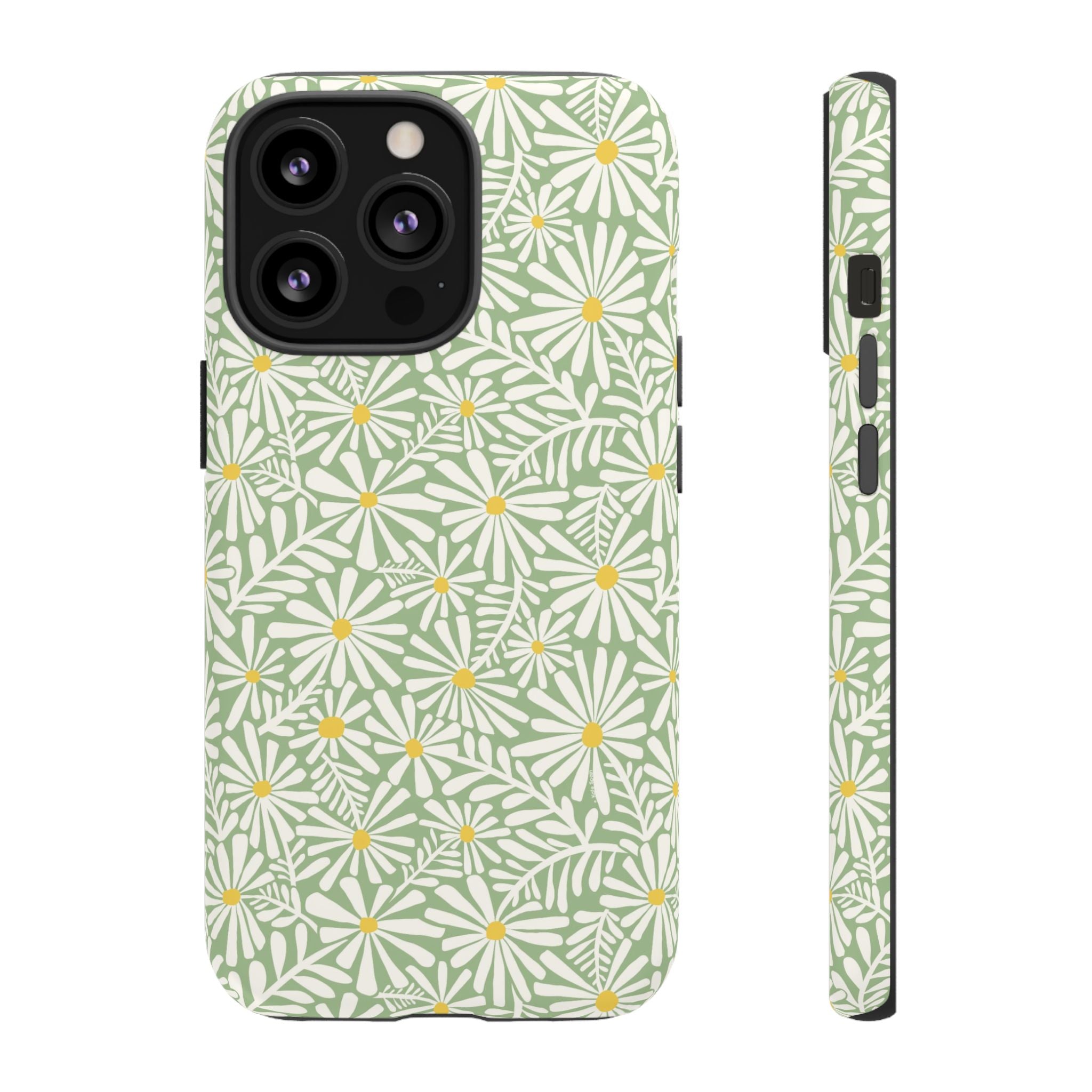 Montauk Daisy Meadow Green iPhone 13 Pro Case – Matte | sage green, white graphic daisy and fern print, golden yellow centers | dual-layer protection