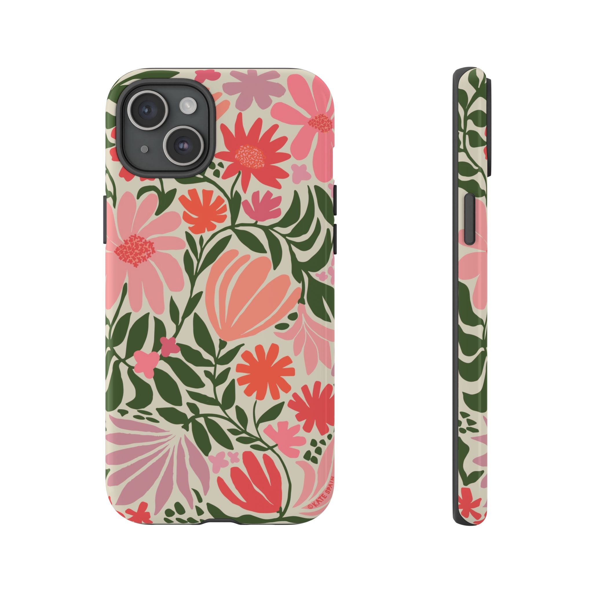 Calendula Tough iPhone 15 Plus Case – Glossy | periwinkle, cream, teal graphic daisy floral print