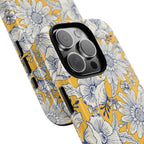 Jardin Yellow MagSafe iPhone 16 Pro Max Case – Glossy | yellow and cream botanical garden print | angled view closeup of camera cutout and buttons