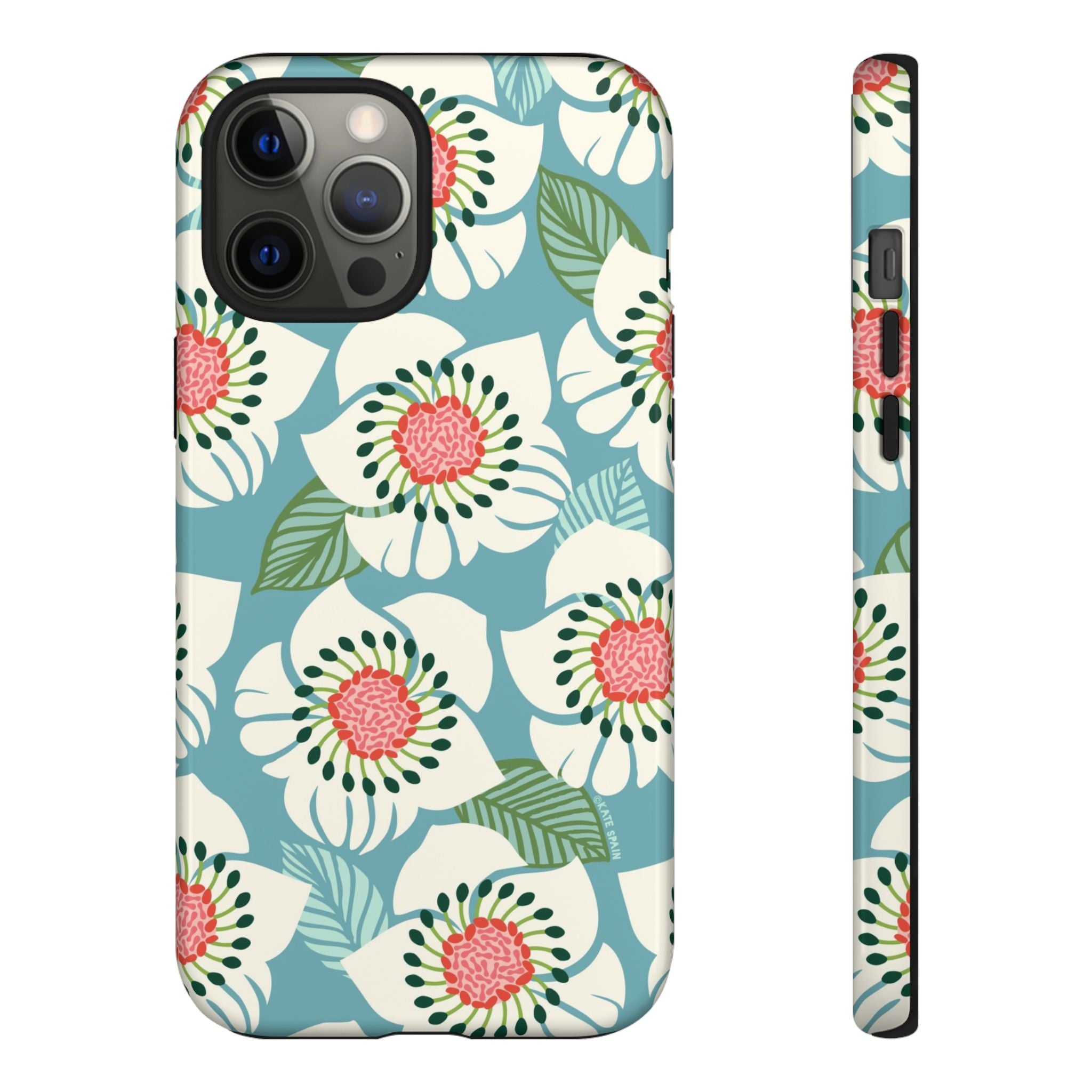 Panache Floral Tough iPhone 12 Pro Max Case – Glossy | sky blue, pale cream, pink anemone floral print