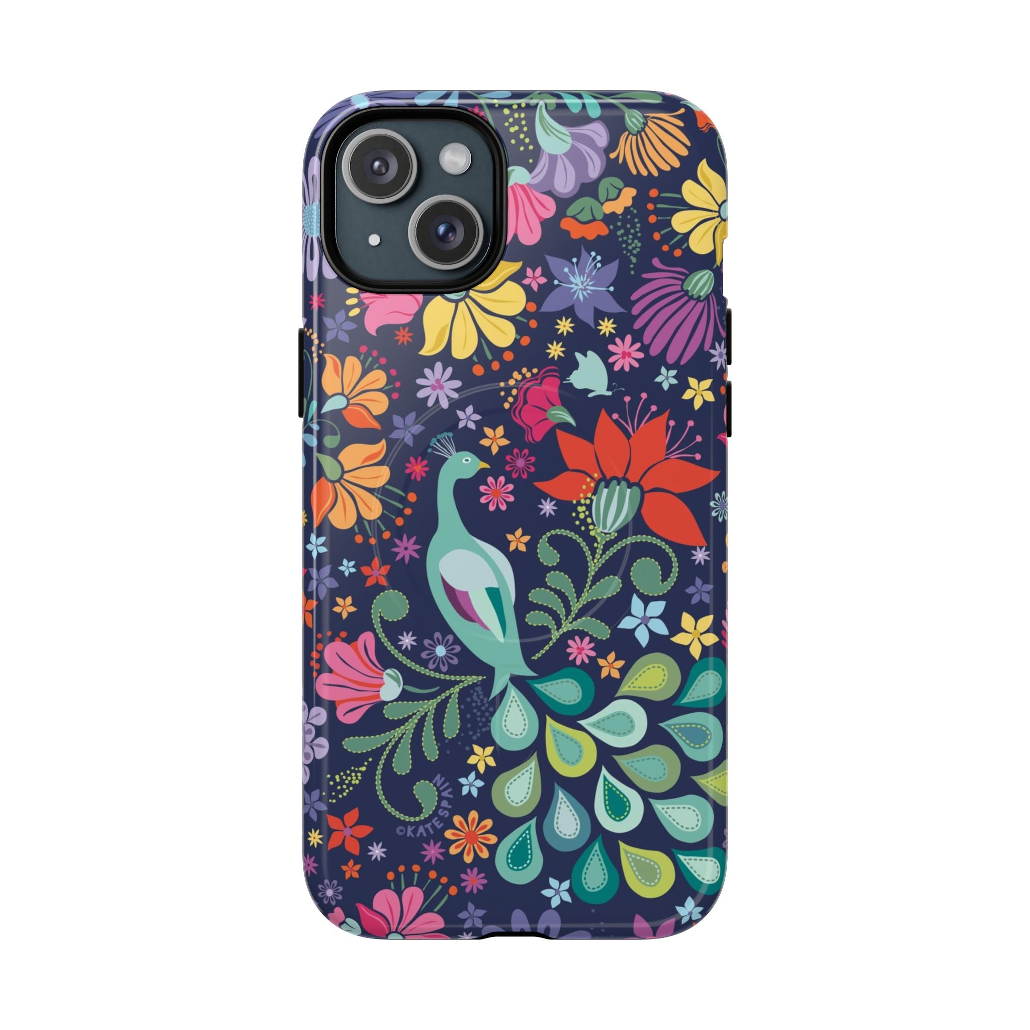 Peacock Sanctuary MagSafe iPhone 15 Plus Case – Glossy | navy, teal, coral multicolor vibrant peacock feather botanical print