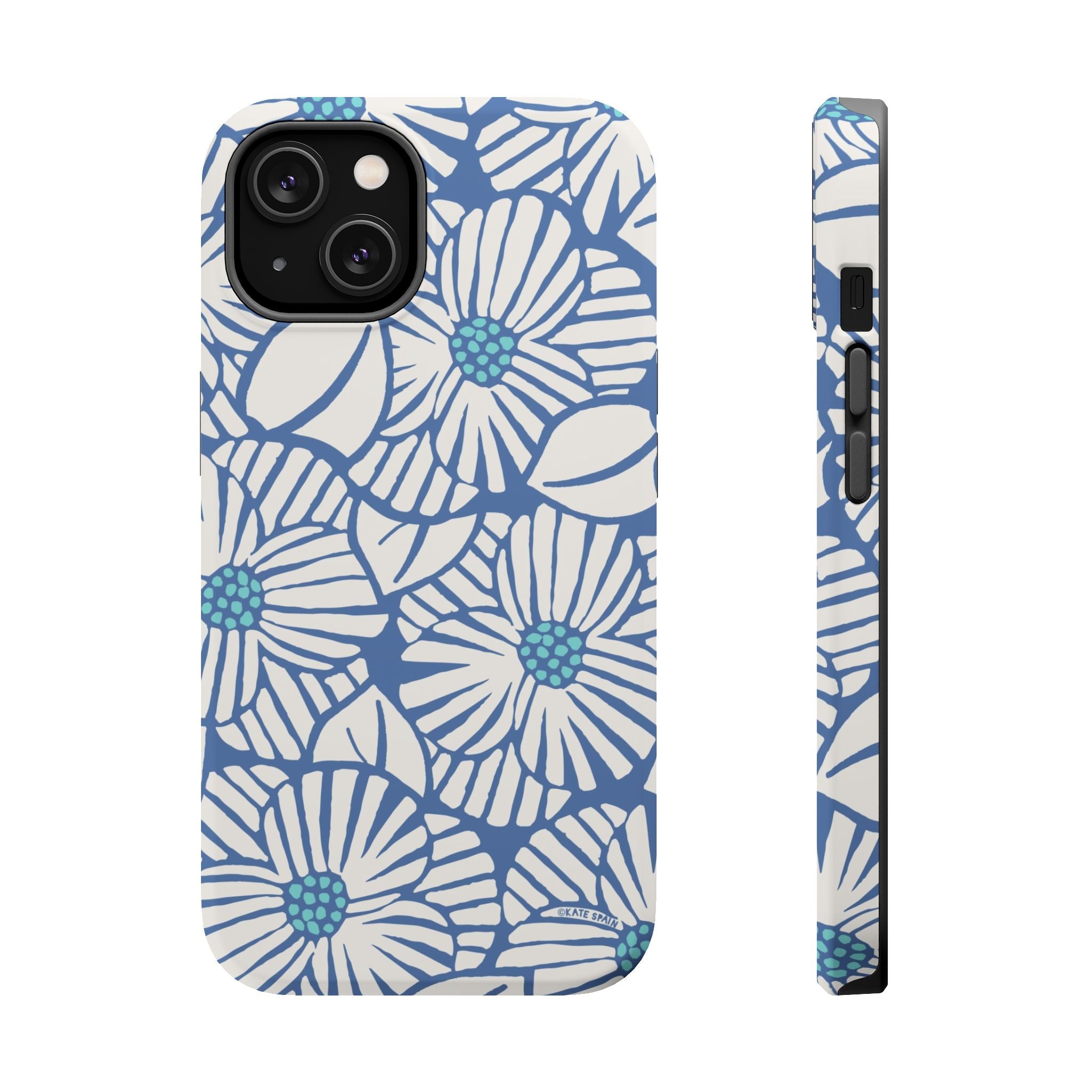 Calendula MagSafe iPhone 14 Pro Case – Glossy | slate blue, cream, teal kimono botanical print