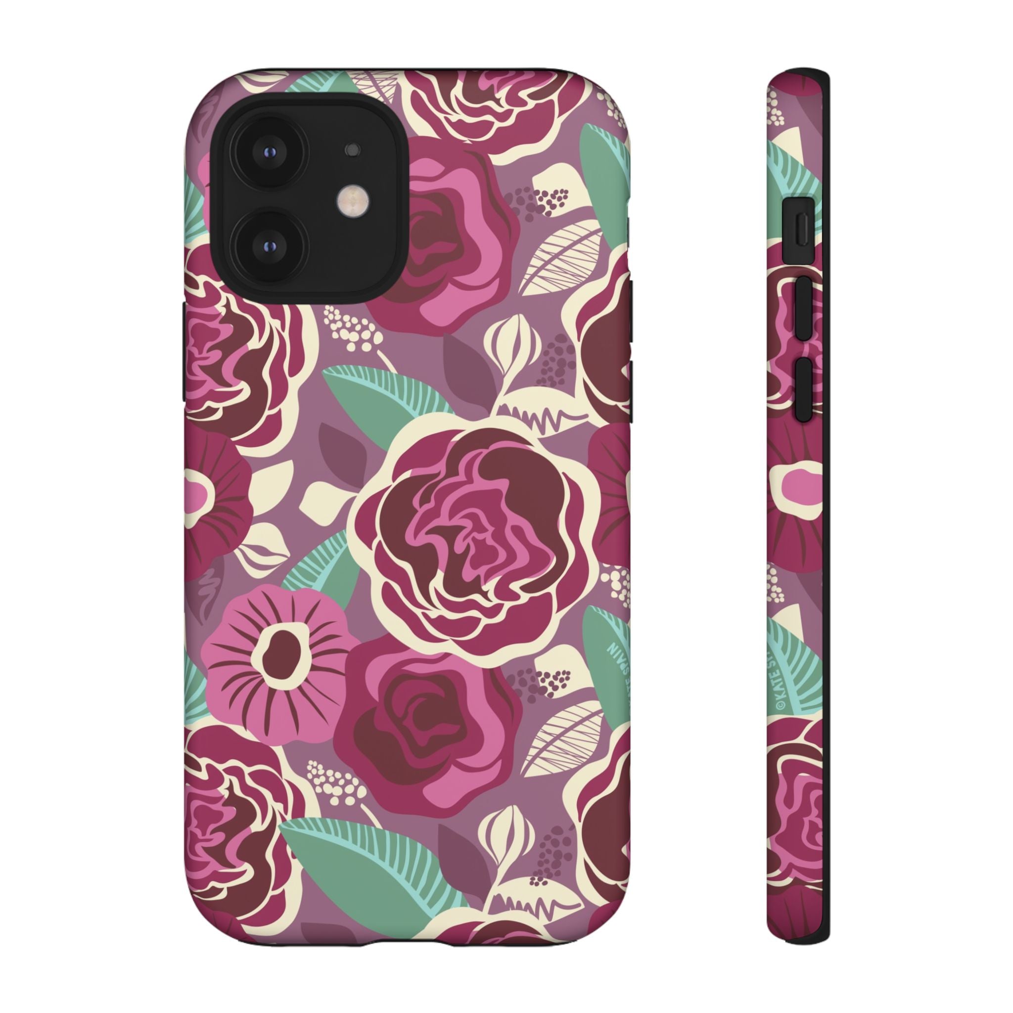 Tea Rose Burgundy Tough iPhone 12 Case – Matte | burgundy, magenta, plum botanical rose floral print