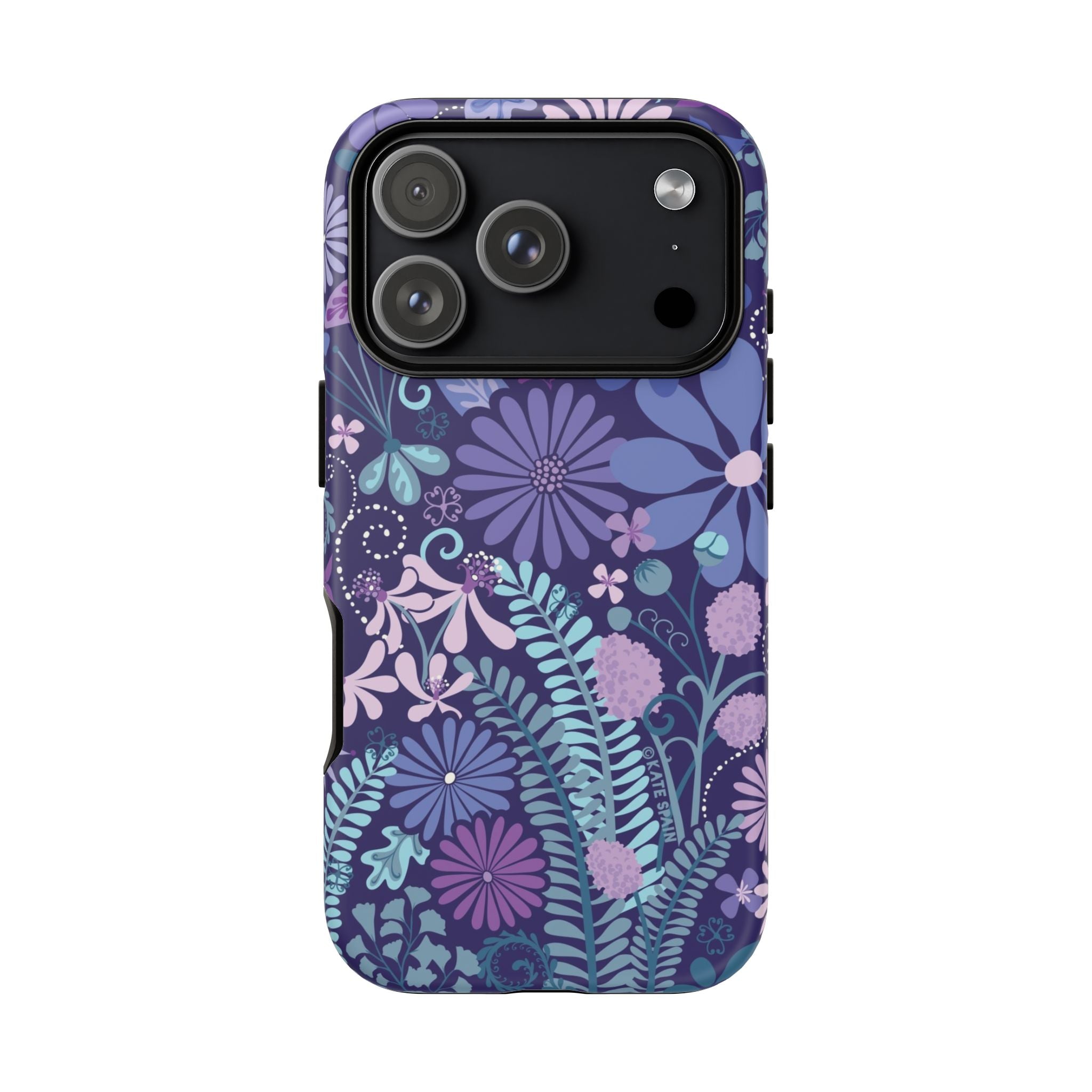 Luxury Terrain Tough iPhone 17 Pro Max Case – matte | navy, purple, aqua botanical woodland floral print