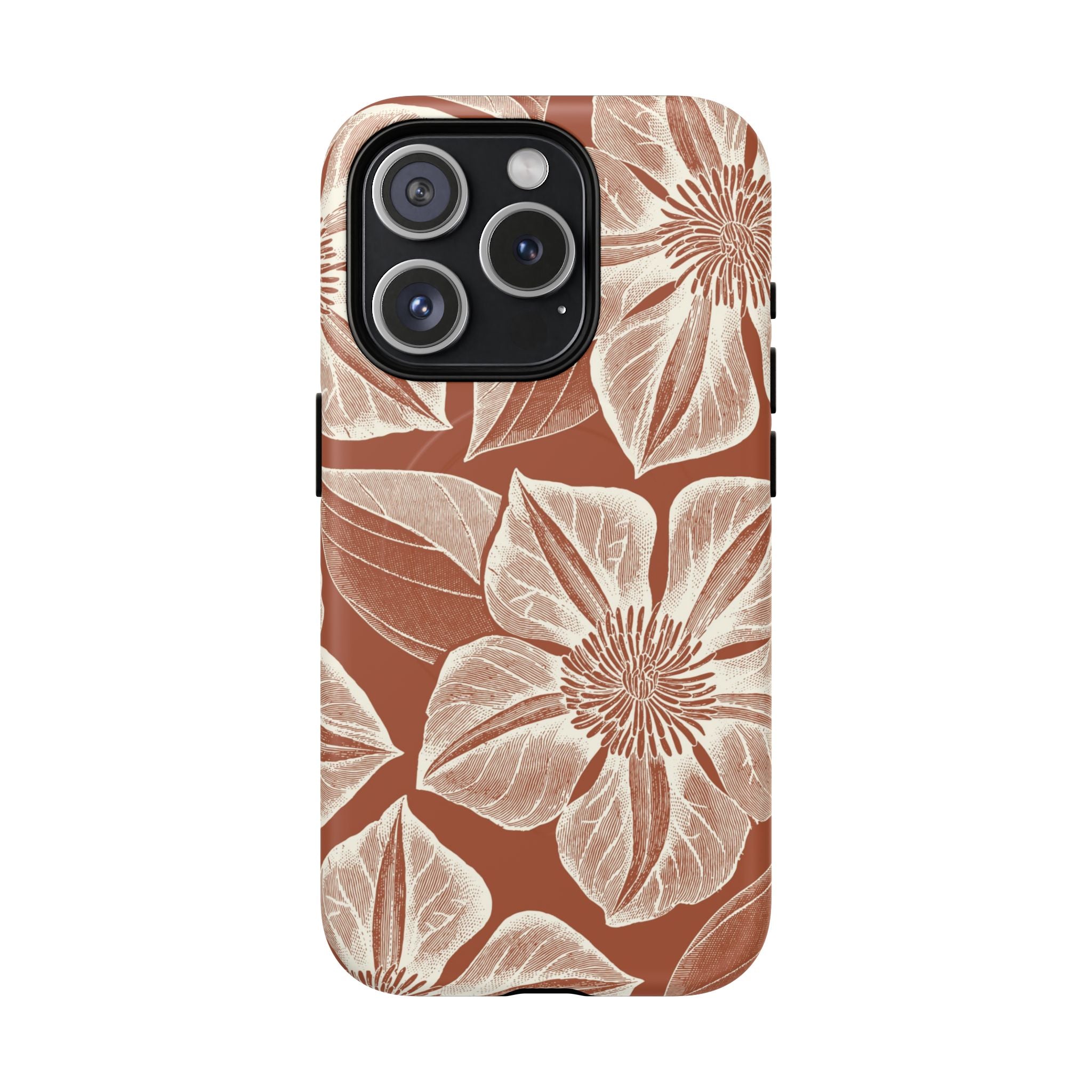 Vintage Bloom Sienna MagSafe iPhone 15 Pro – Matte | sienna ground, large-scale cream clematis print, engraved petal detail, dual-layer protection