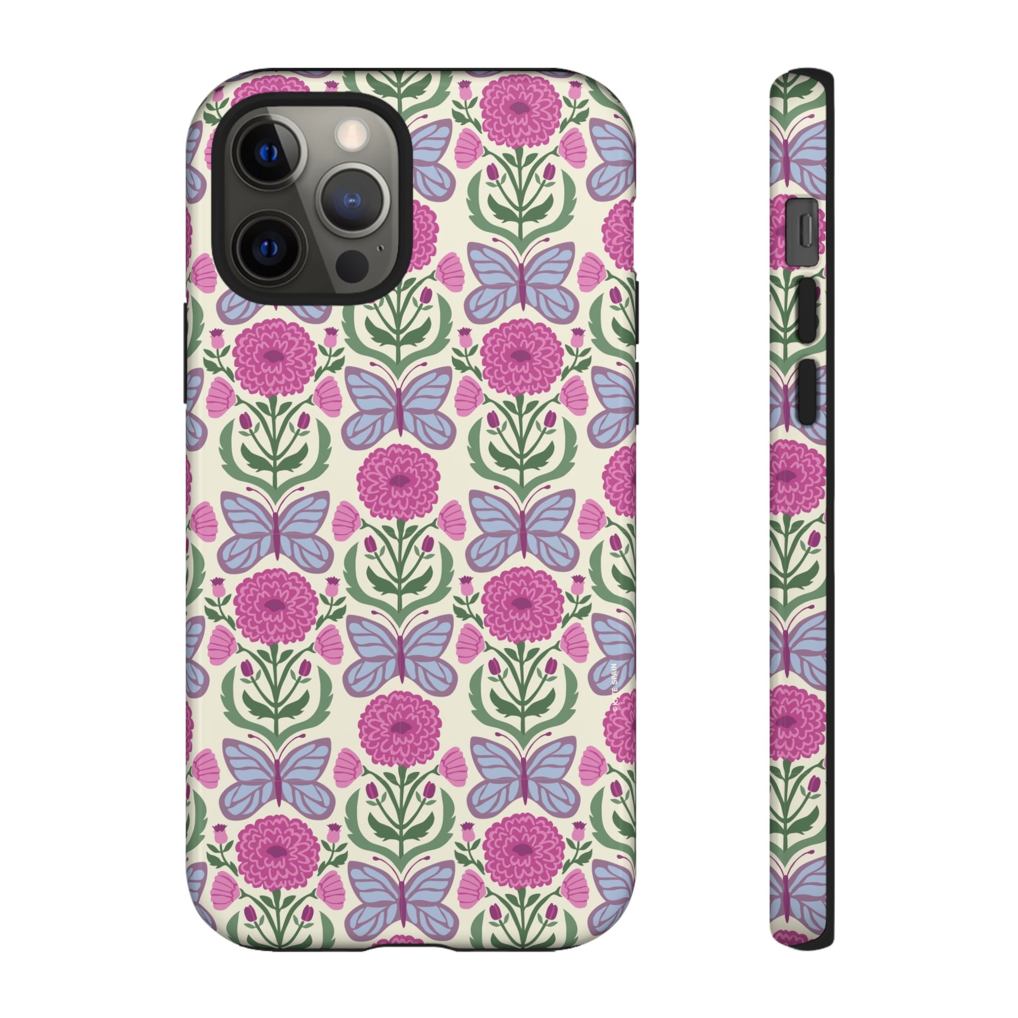 Butterfly Tough iPhone 12 Pro Case – Glossy | cream, magenta, periwinkle butterfly floral print