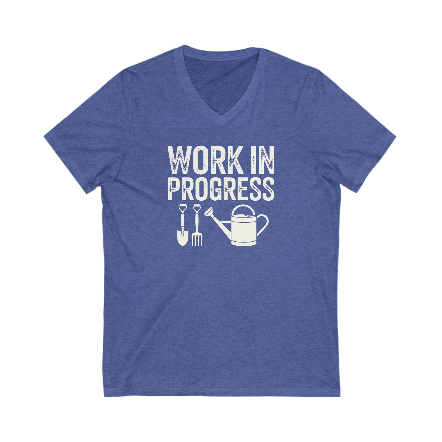 Heather Royal Blue colored vneck t-shirt with white words that say 'Work in Progress' in distressed style text. Below the words are graphic images of gardening tools including a shovel, pitchfork and watering can.