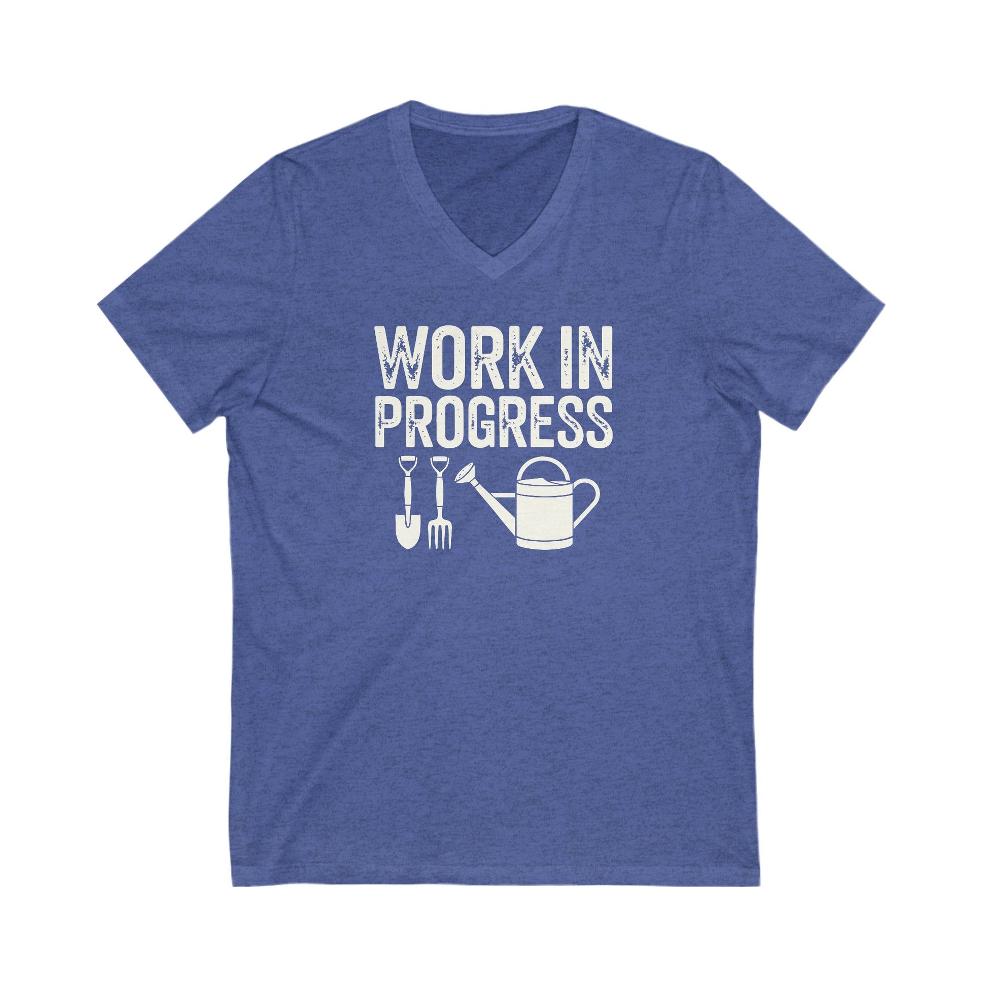 Heather Royal Blue colored vneck t-shirt with white words that say 'Work in Progress' in distressed style text. Below the words are graphic images of gardening tools including a shovel, pitchfork and watering can.
