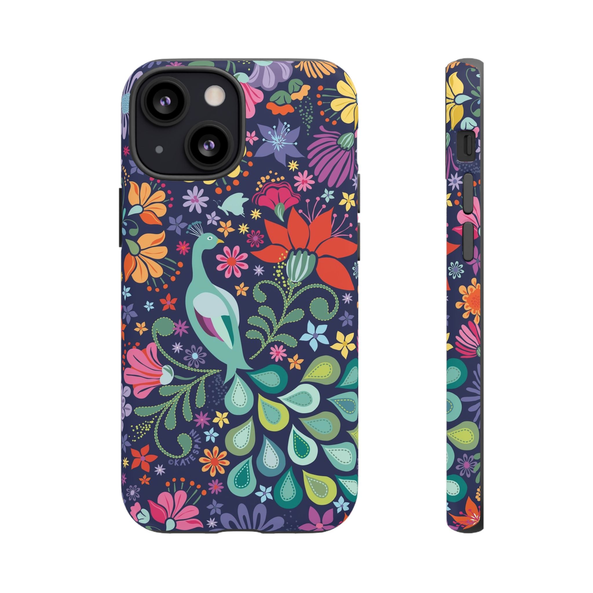 Peacock Sanctuary Tough iPhone 13 Mini Case – Matte | navy, teal, coral multicolor vibrant peacock feather botanical print
