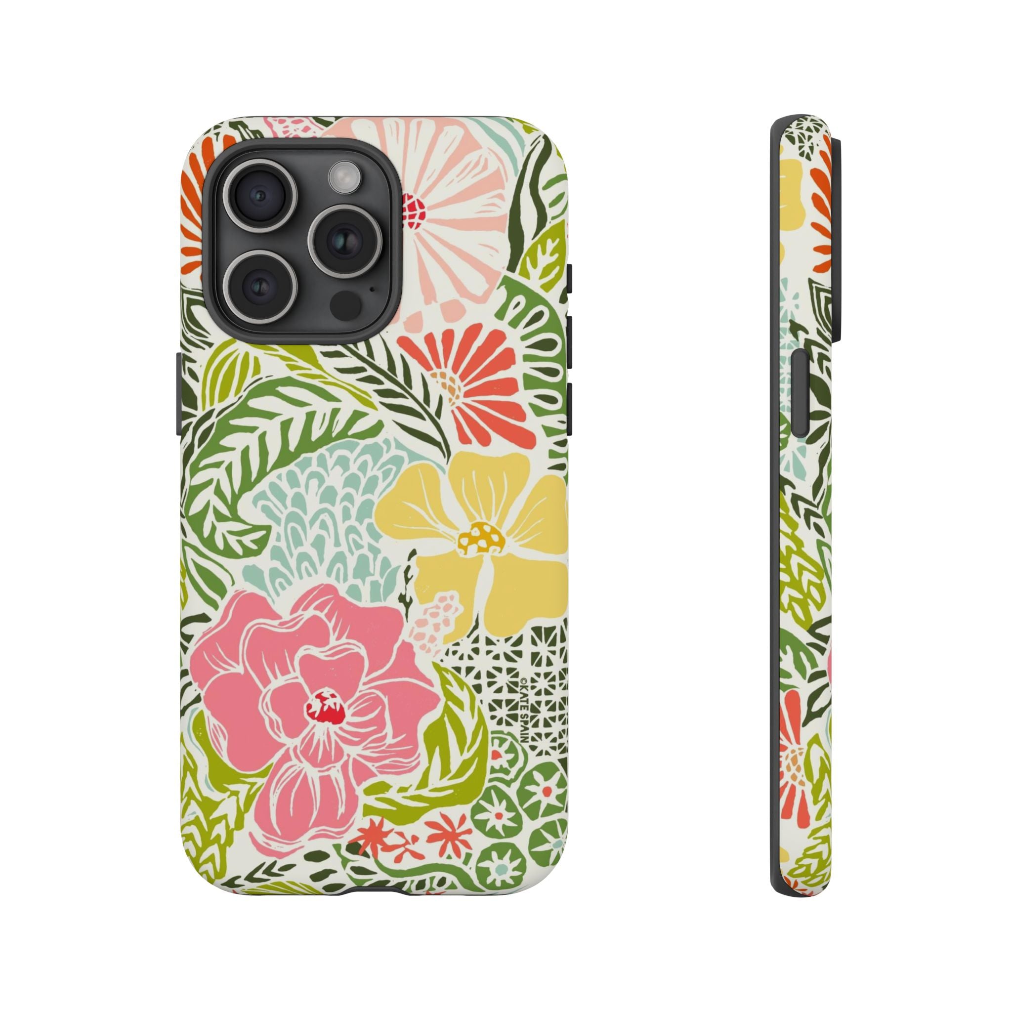 Tropica Tough iPhone 15 Pro Max Case – Matte | cream, pink, yellow, blue botanical floral print