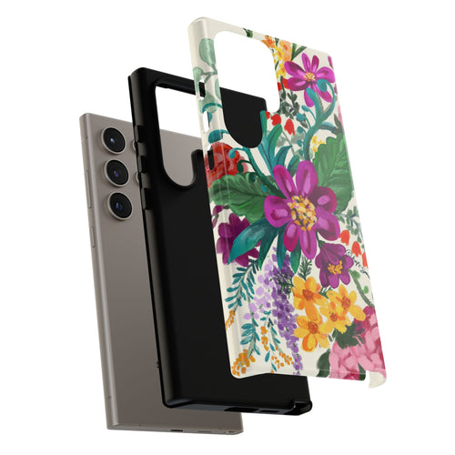 Tropical Posy Samsung Galaxy S24 Ultra Case – Glossy | layered construction of protective case in white, magenta, yellow, purple vibrant botanical floral print