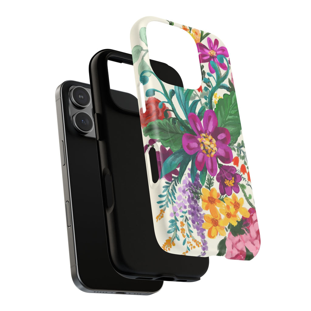 Posy MagSafe iPhone 17 Case – Glossy | cream, magenta, coral botanical floral print | angled view closeup of camera cutout and buttons