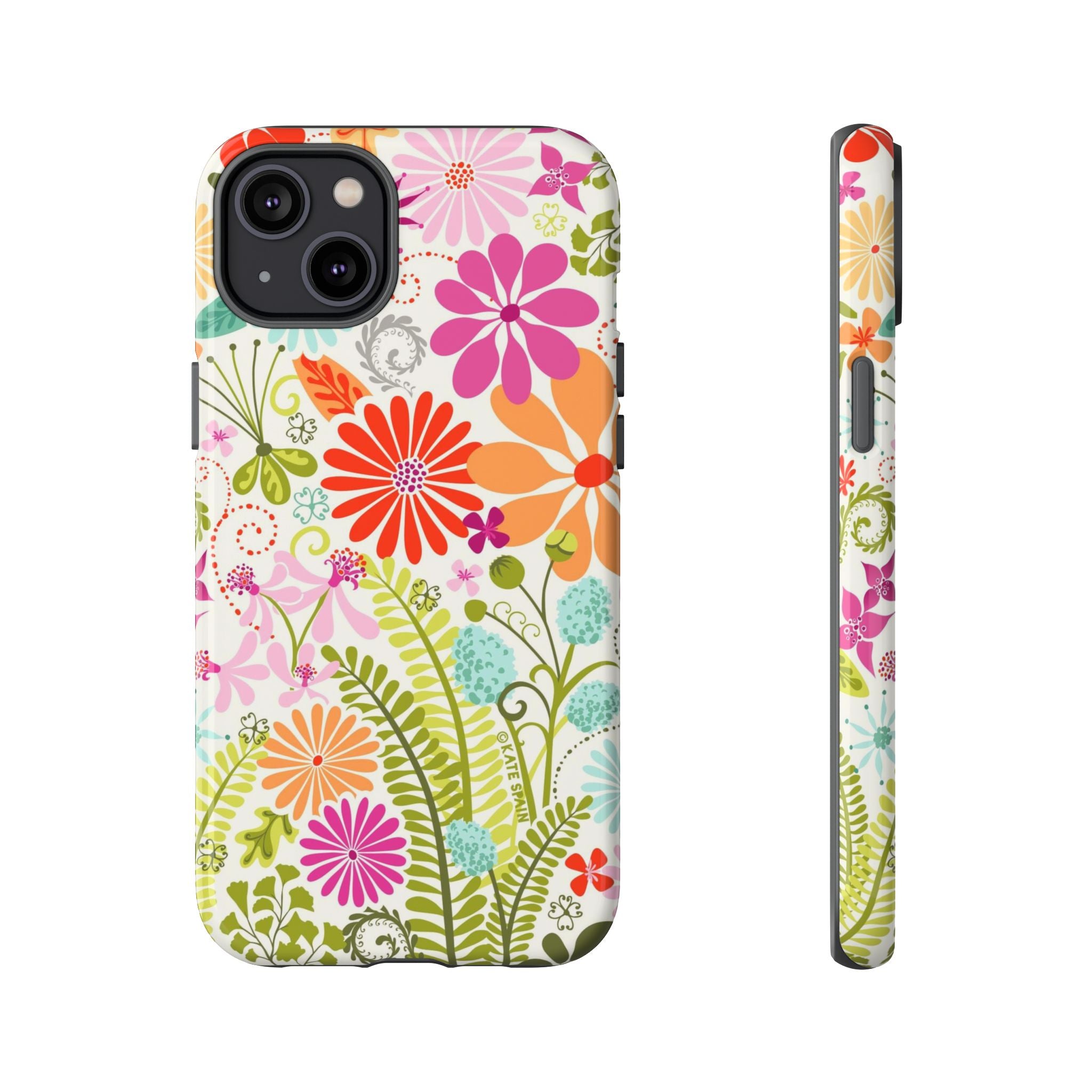 Luxury Terrain Tough iPhone 14 Plus Case – Glossy | white, magenta, coral botanical woodland floral print