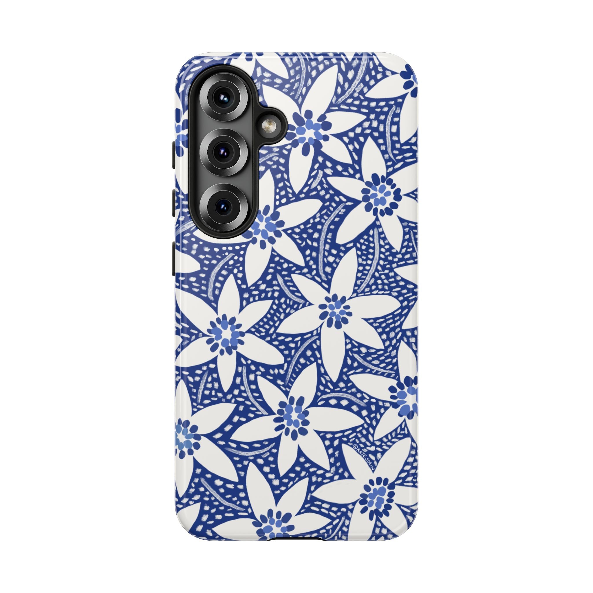 Starflower Samsung Galaxy S25 Case – Glossy | navy, white geometric starflower print