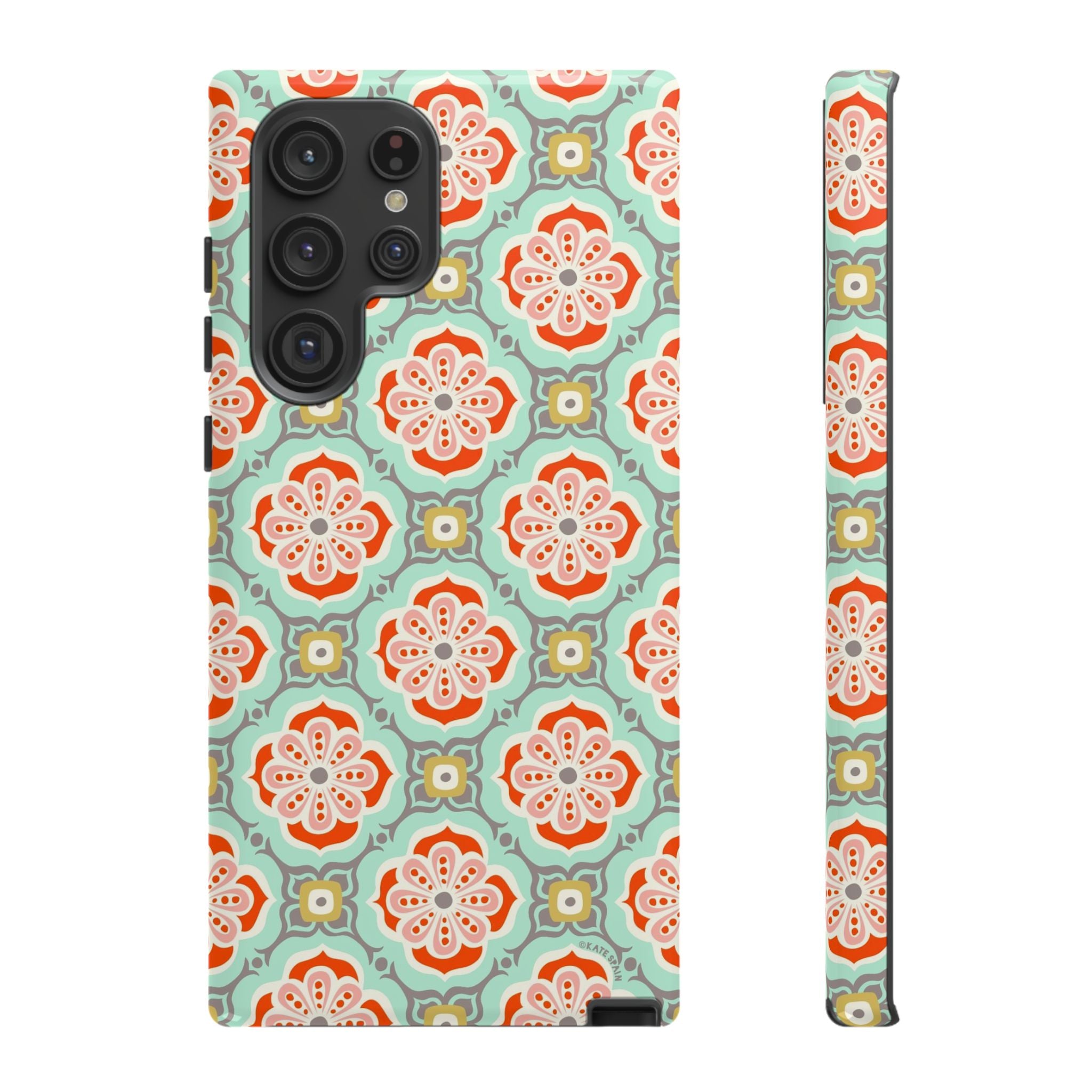 Luxury Alhambra Samsung Galaxy S22 Ultra Case – Glossy | light turquoise, coral, cream geometric medallion tile print