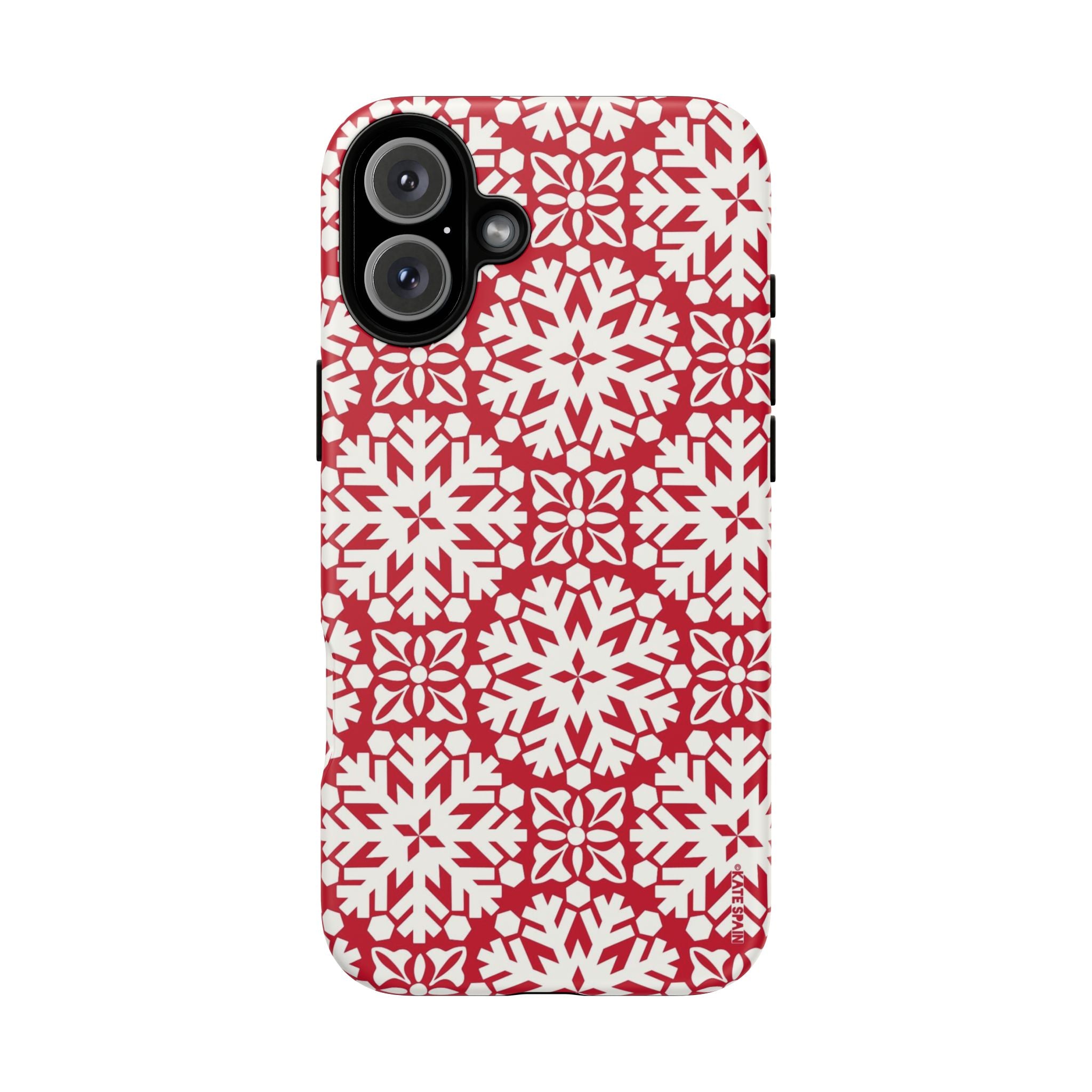 Flurry Tough iPhone 16 Plus Case – Matte | red, cream geometric snowflake medallion print