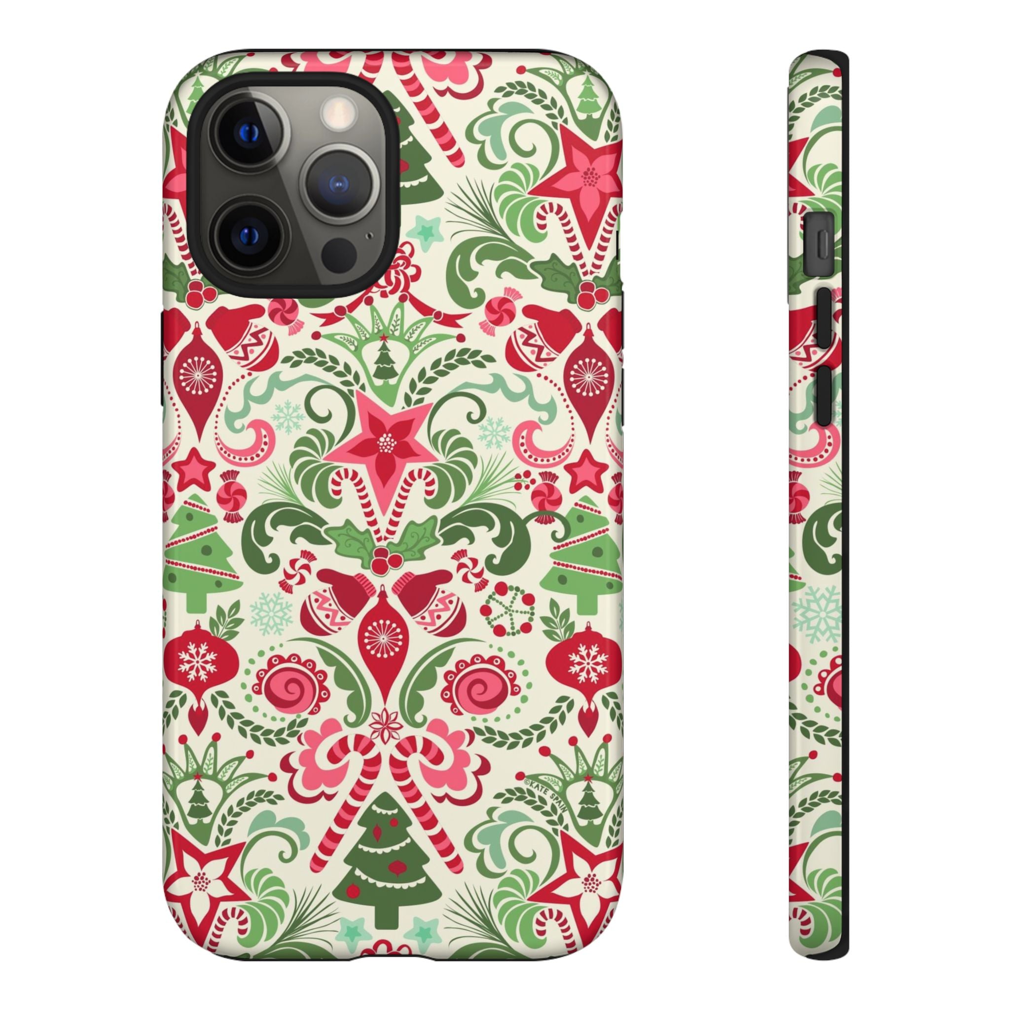 Wonderland Tough iPhone 12 Pro Max Case – Glossy | cream, red, green Christmas ornament damask print