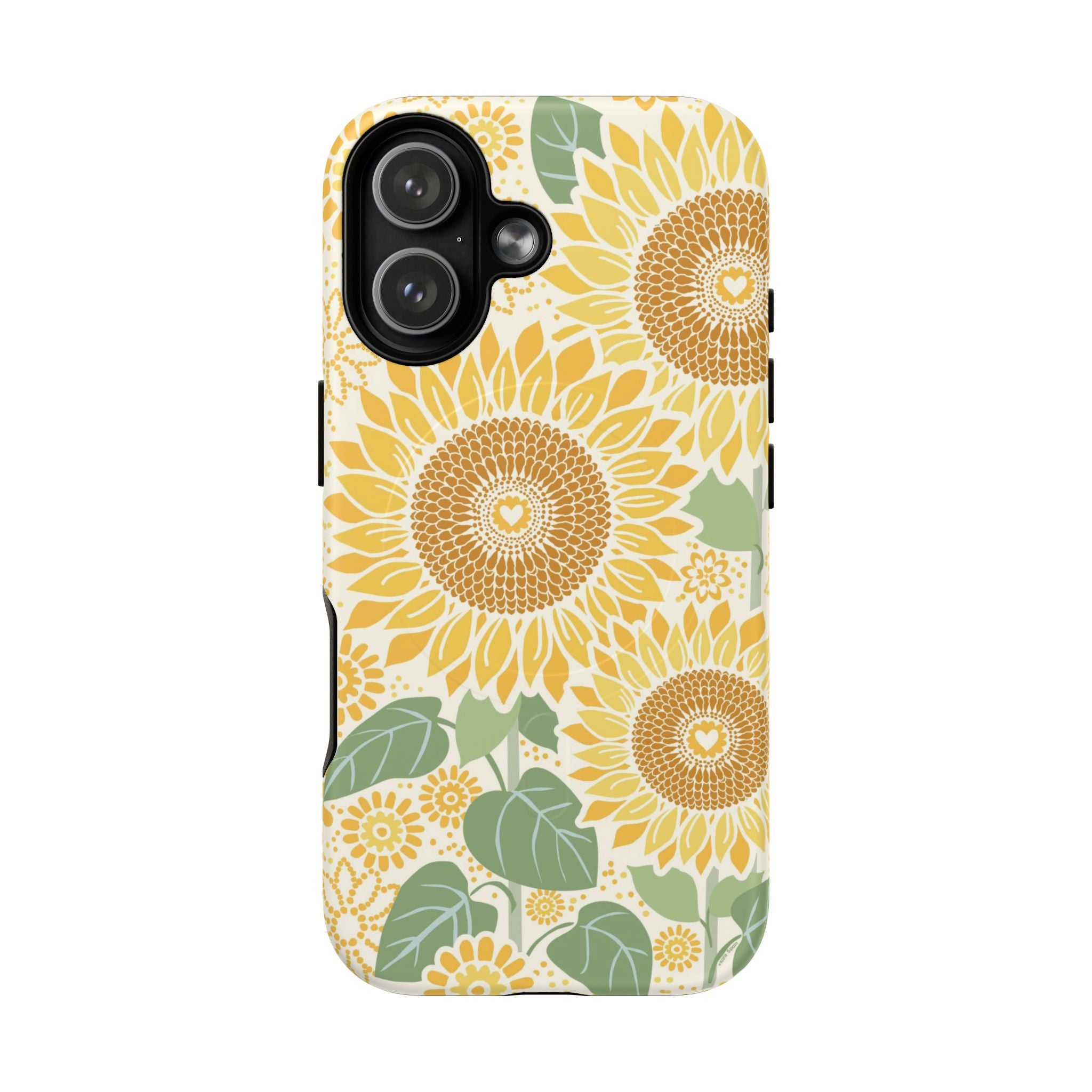 Sunny Sunflower MagSafe iPhone 17 – Matte | cream ground, large-scale yellow sunflower print, golden seed detail with heart centers, dual-layer protection