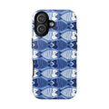 Catch of the Day Tough iPhone 17 Case – Glossy | navy, blue, white geometric fish print