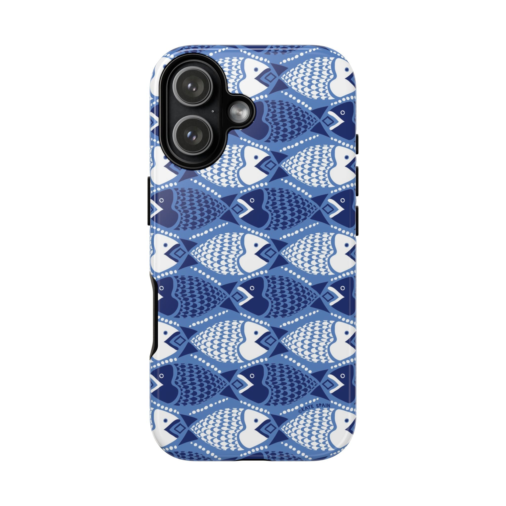Catch of the Day Tough iPhone 17 Case – Glossy | navy, blue, white geometric fish print