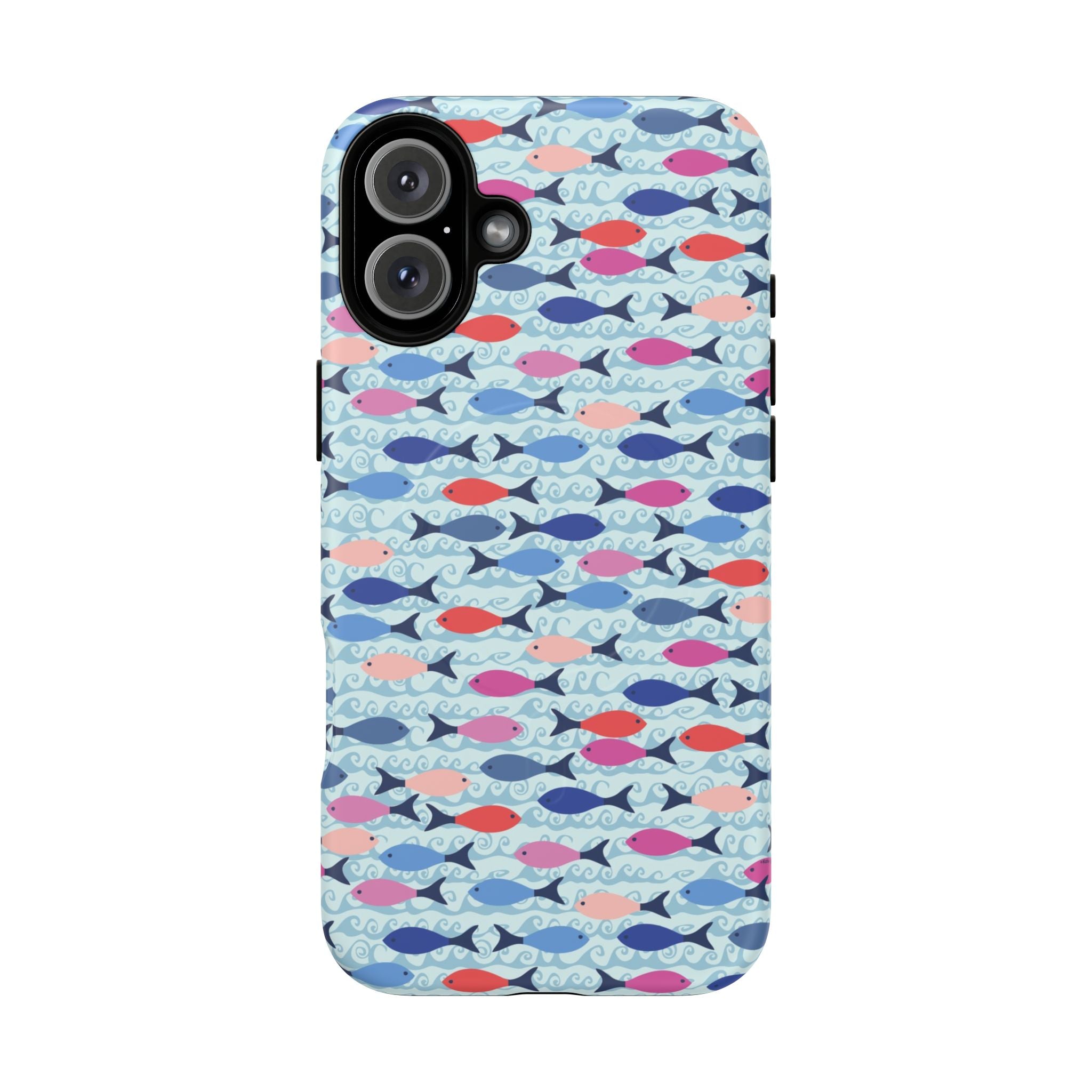 Summer Minnows MagSafe iPhone 16 Plus Case – Matte | navy, coral, pink, and periwinkle fish on a pale aqua ground