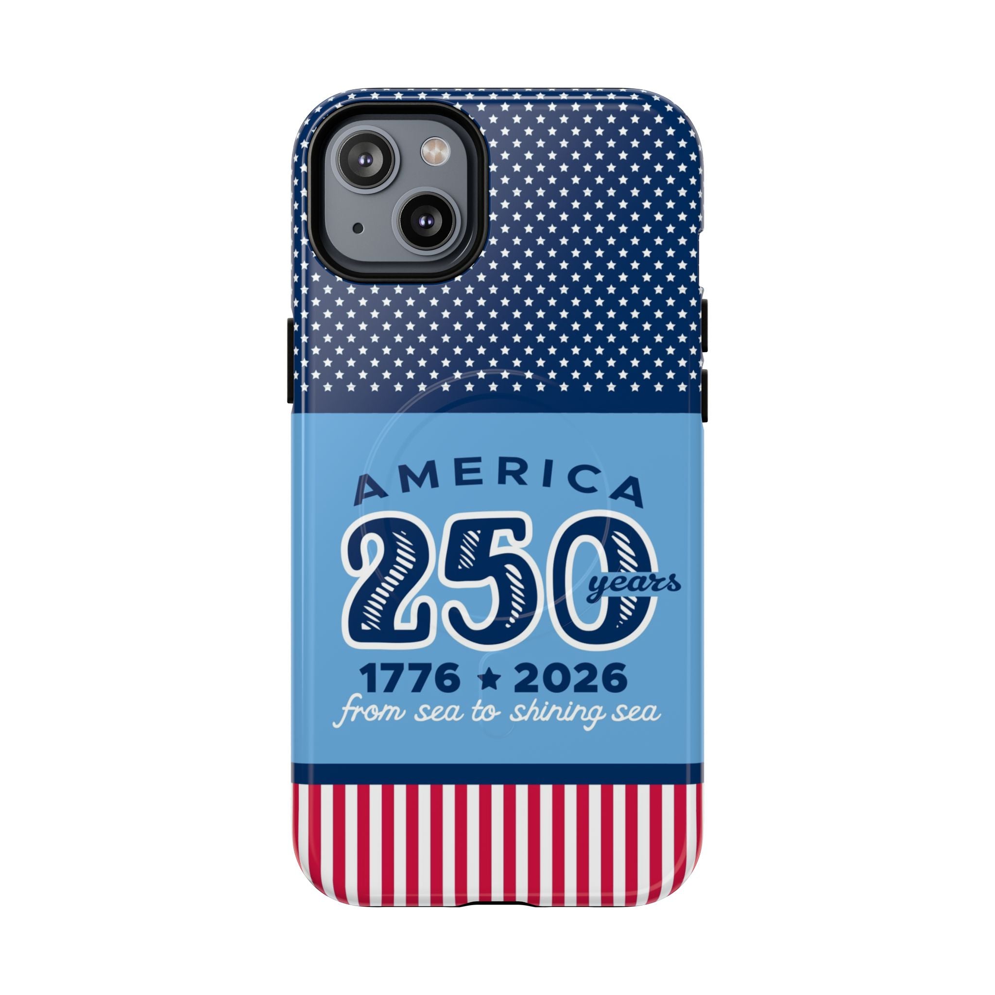 Sea to Shining Sea MagSafe iPhone 14 Plus Case – Glossy | navy, sky blue, red, white American stars & stripes 250th anniversary print