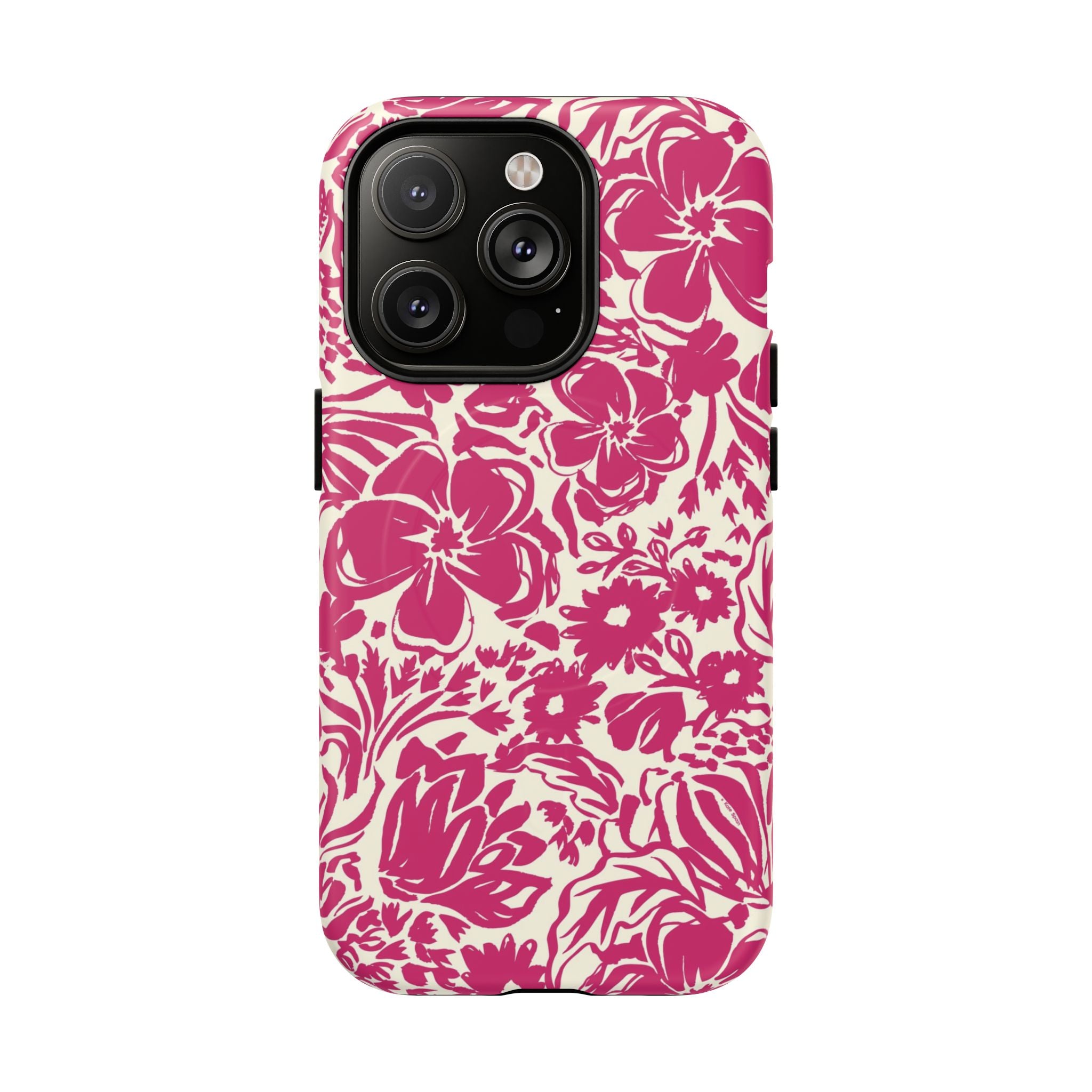 Rhapsody Bright Pink MagSafe iPhone 14 Pro Matte case — bold magenta floral print on cream by Kate Spain