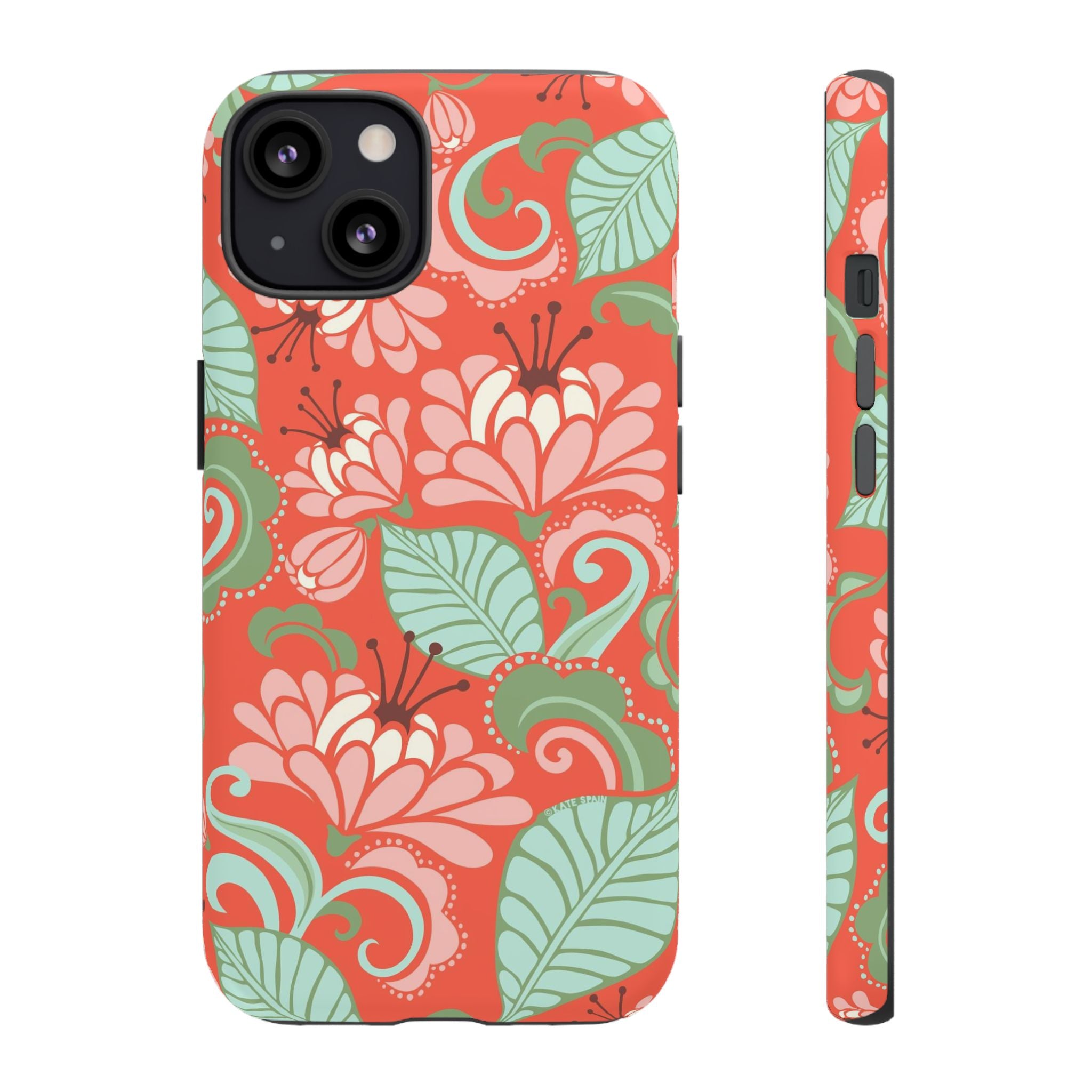 Sarabande Tough iPhone 13 Case – Glossy | coral, pink, cream, green botanical floral print