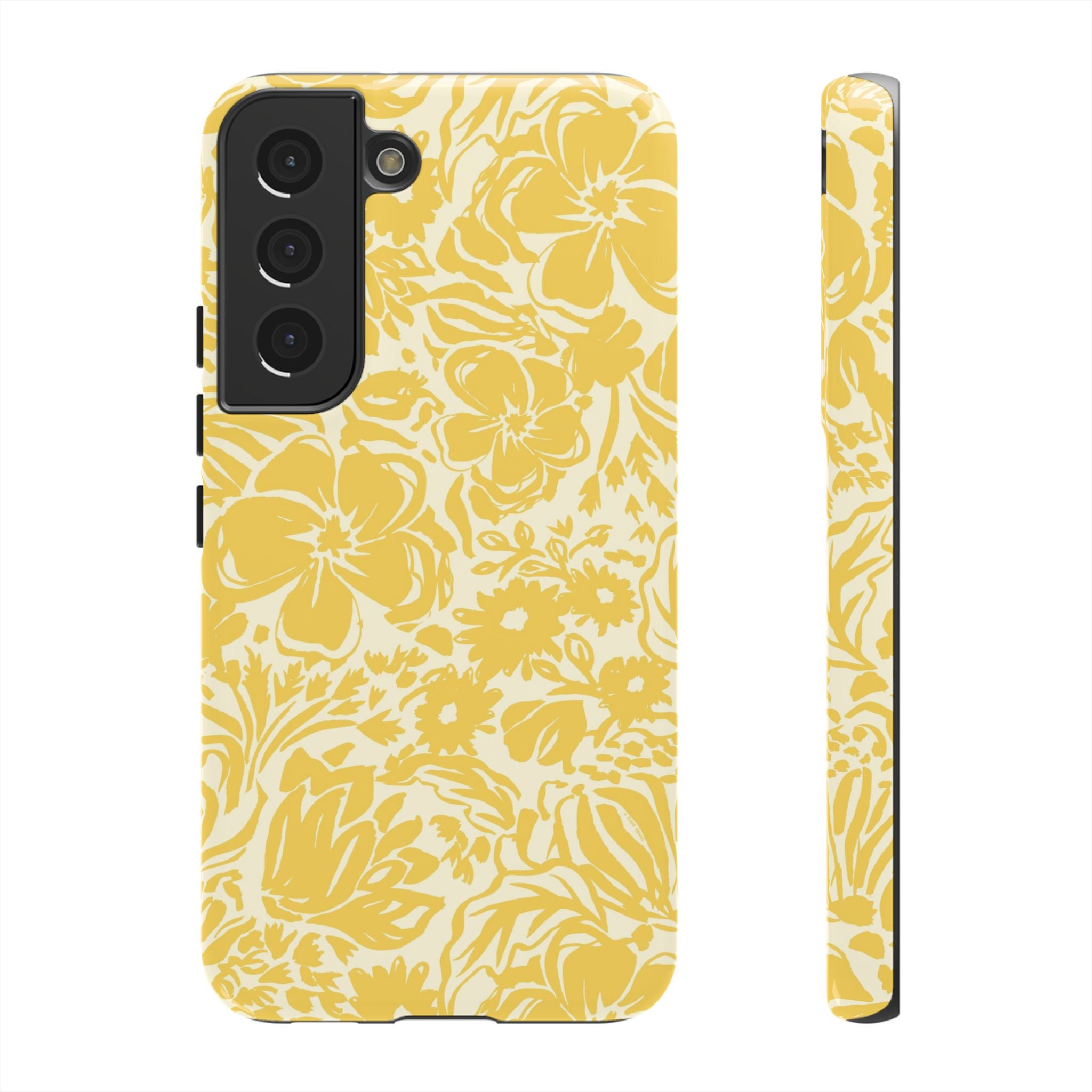 Rhapsody Yellow Samsung Galaxy S22 Glossy case — bold golden yellow floral print on cream by Kate Spain
