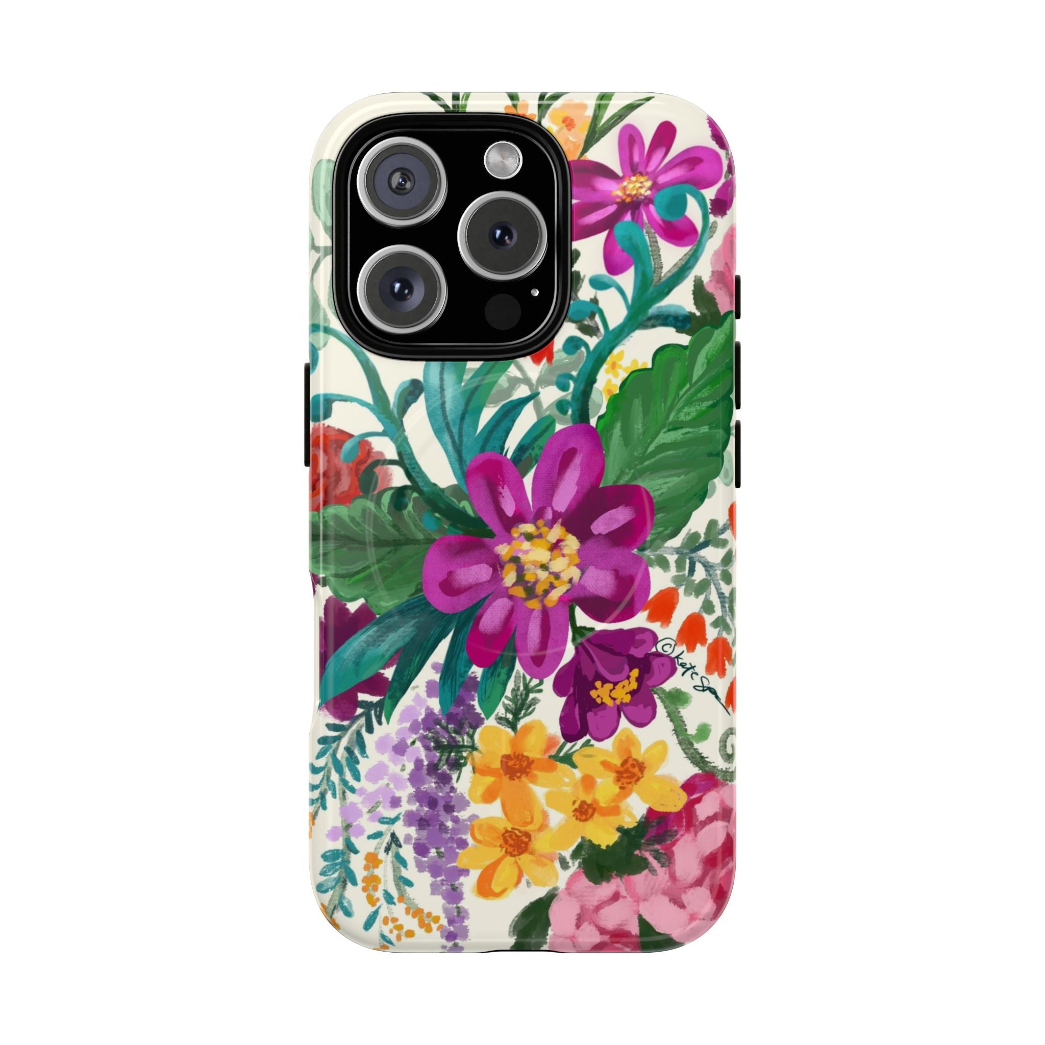 Posy MagSafe iPhone 16 Pro Case – Glossy | cream, magenta, coral botanical floral print