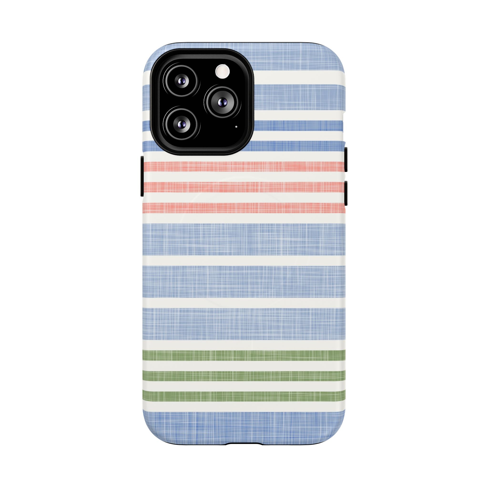 Cabana Stripe Pastel MagSafe iPhone 13 Pro Max Case – Matte | soft blue, coral, sage green chambray-textured stripe print MagSafe compatible, dual-layer protection