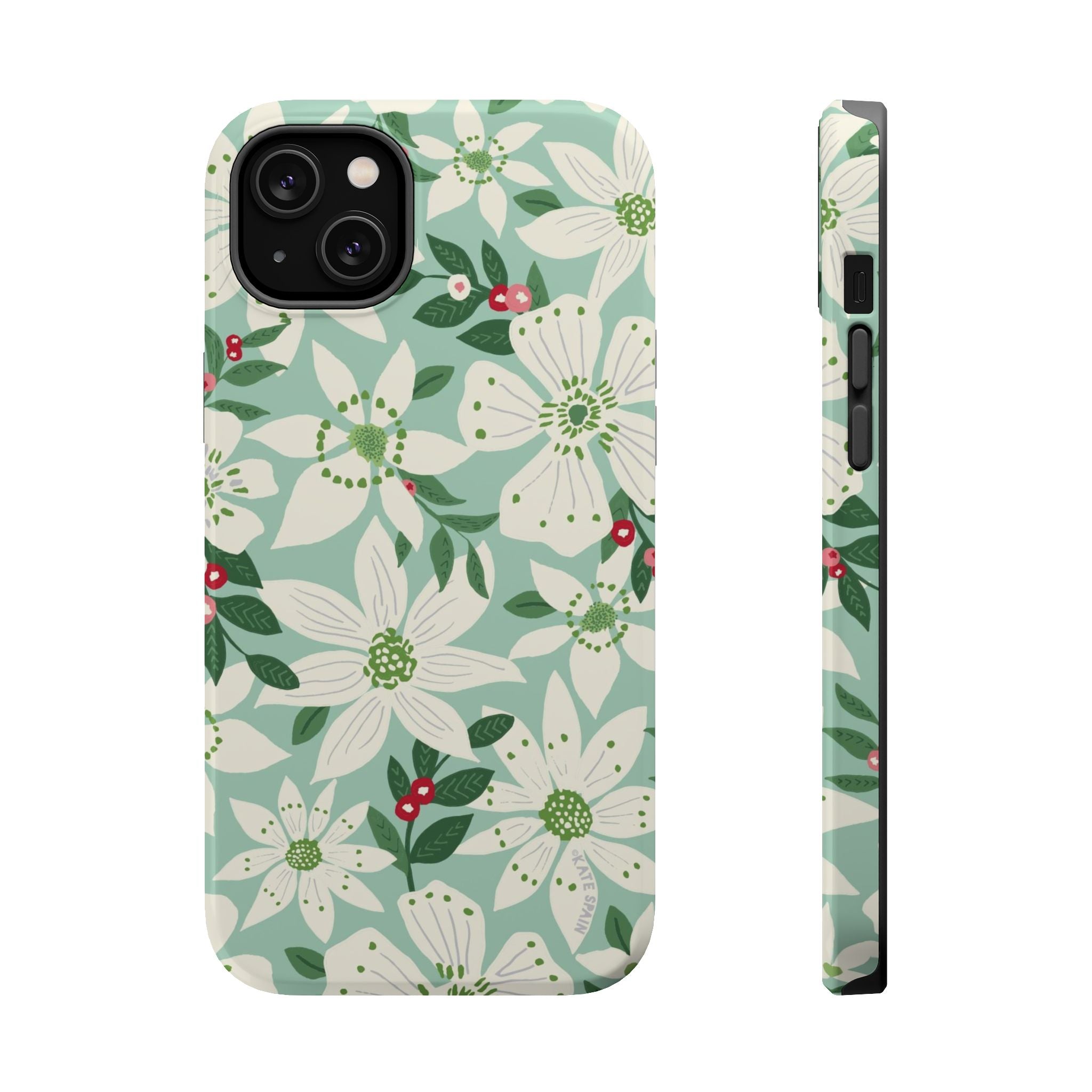 Gardenia MagSafe iPhone 14 Plus Case – Glossy | light blue, white, green, red gardenia botanical print MagSafe compatible, dual-layer protection
