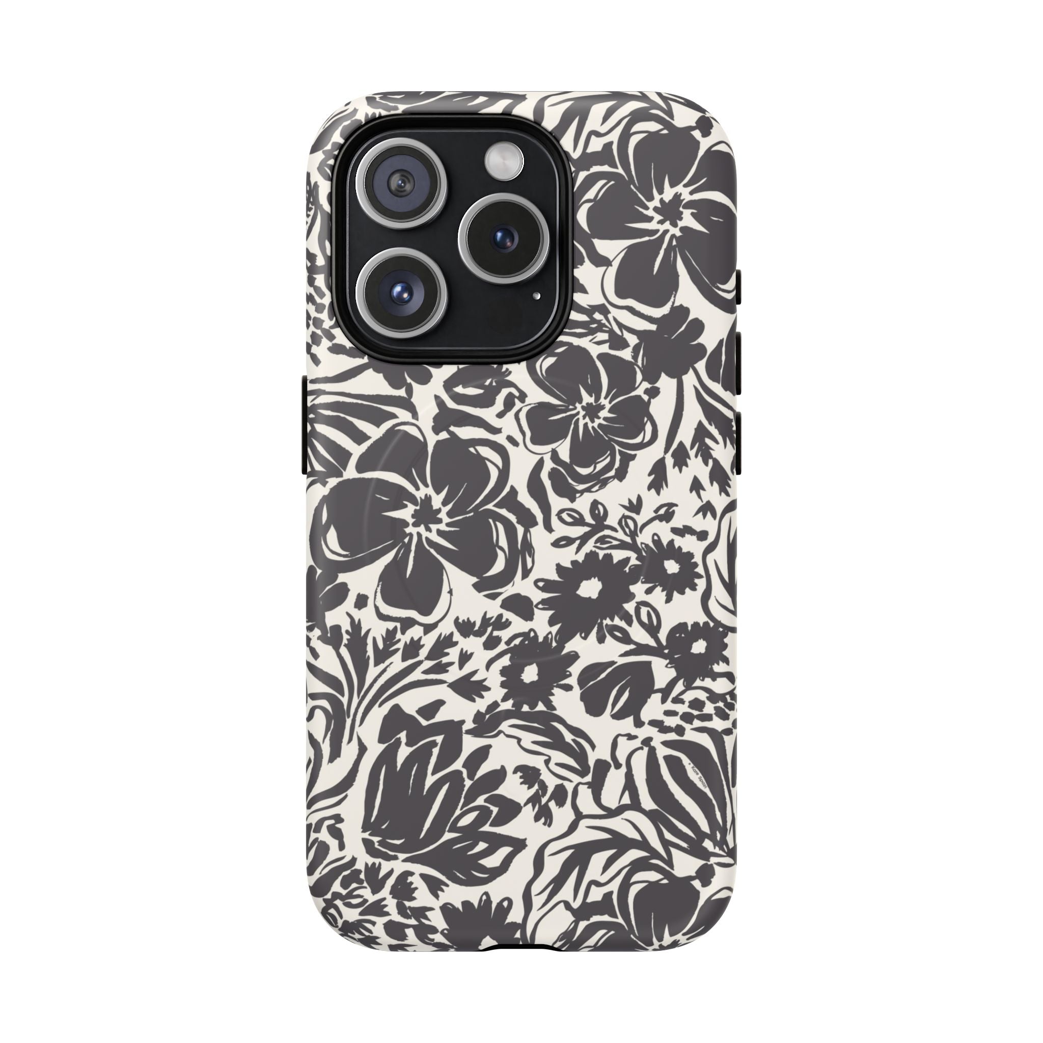 Rhapsody Black MagSafe iPhone 15 Pro Matte case — bold charcoal floral print on cream by Kate Spain
