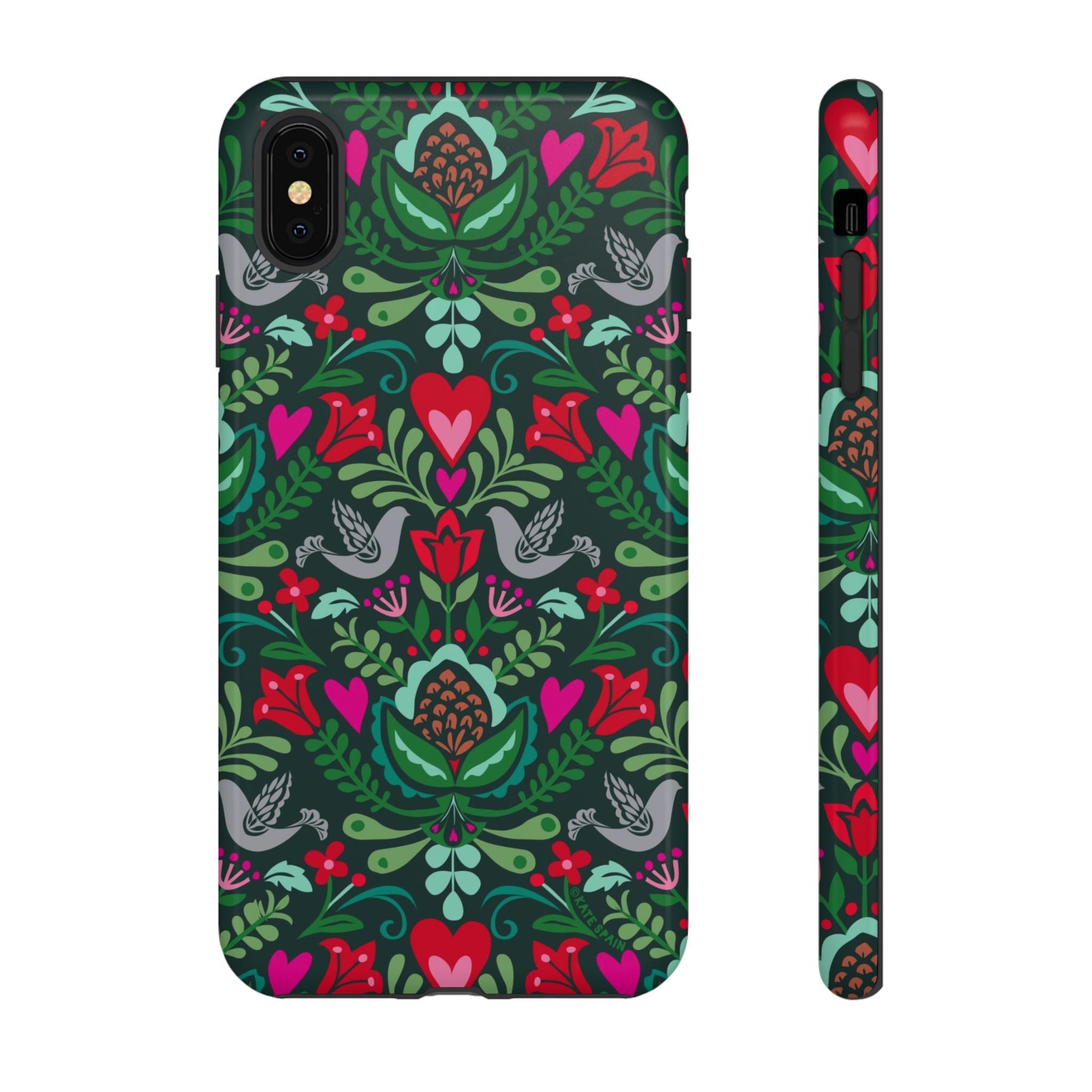 Rosemaling Tough iPhone XS Max Case – Glossy | dark green, red, pink, gray folk art floral bird print