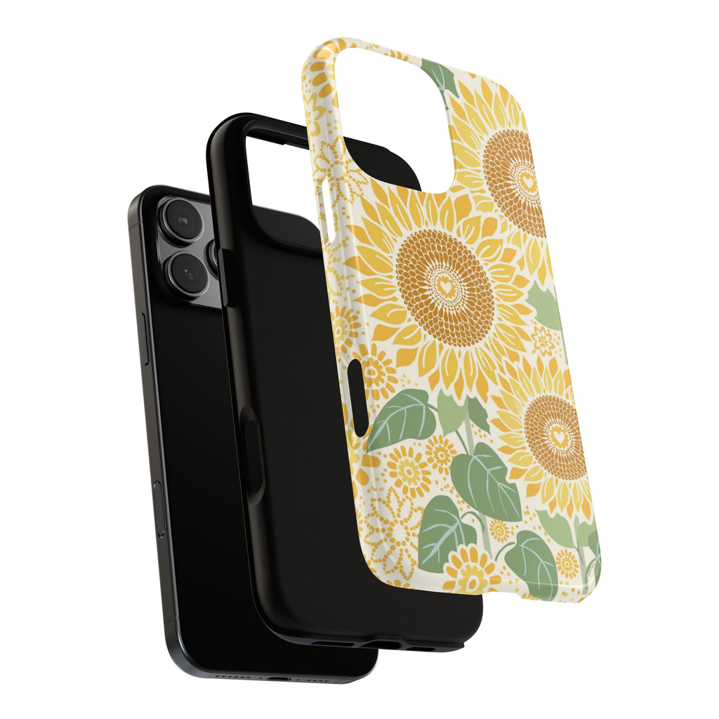 Sunny Sunflower iPhone 16 Pro Max case – Glossy | cream ground, large-scale yellow sunflower print, dual-layer case and inner lining detail with camera cutout view