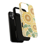 Sunny Sunflower iPhone 16 Pro Max case – Glossy | cream ground, large-scale yellow sunflower print, dual-layer case and inner lining detail with camera cutout view