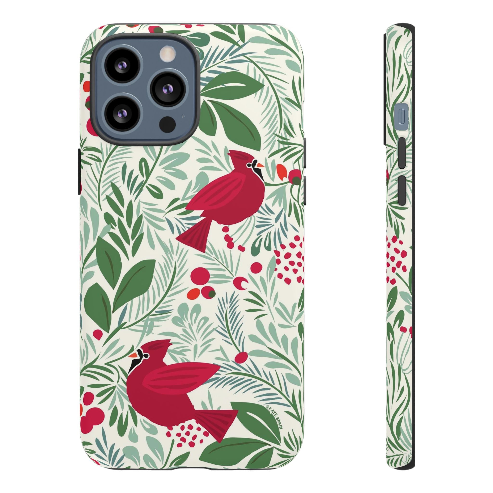 Birds and Berries Tough iPhone 13 Pro Max Case – Matte | cream, red, green botanical cardinal berry print