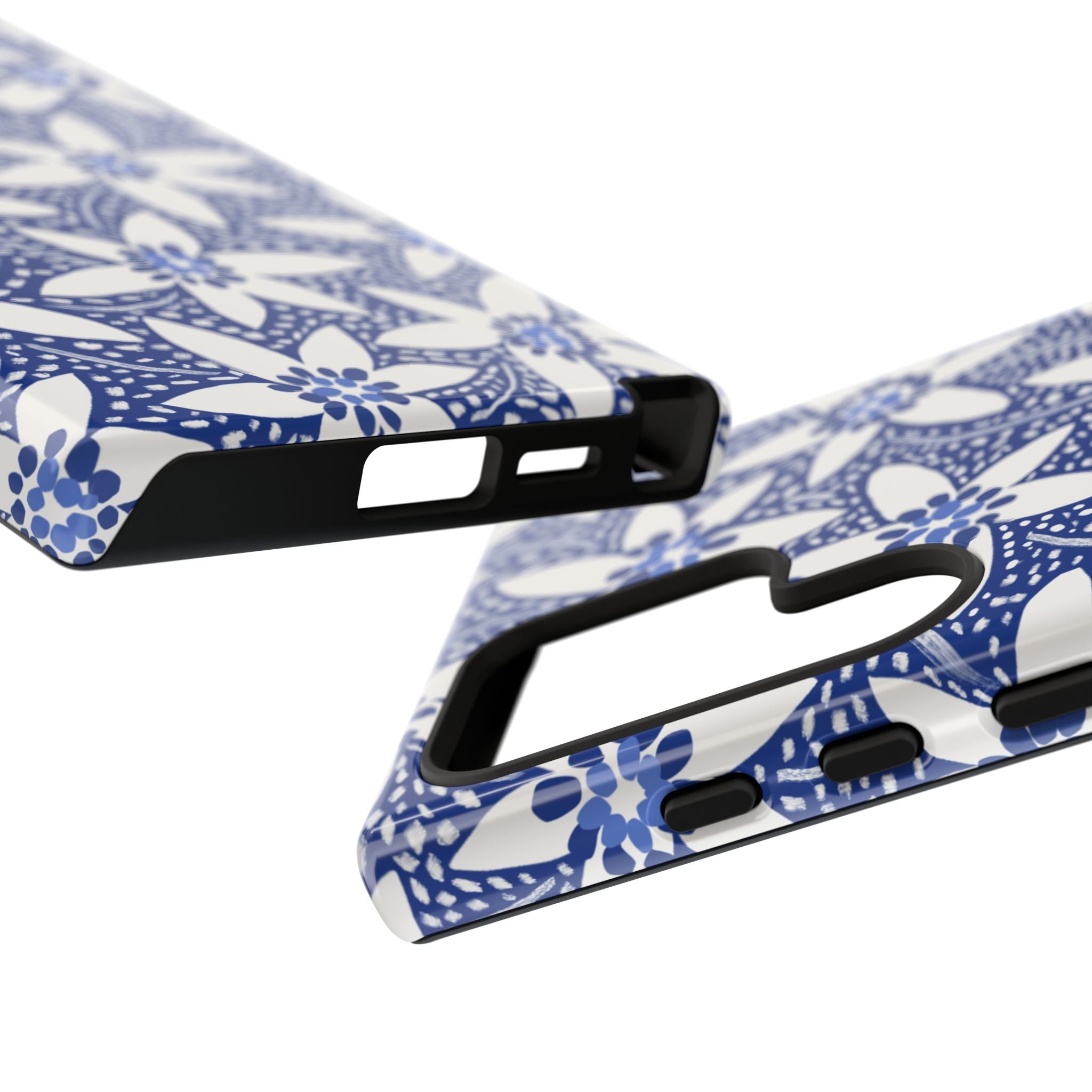 Starflower Samsung Galaxy S26 Ultra Case – detailed view of the buttons, ports, and camera cutout | angled view of case in navy and white geometric starflower print