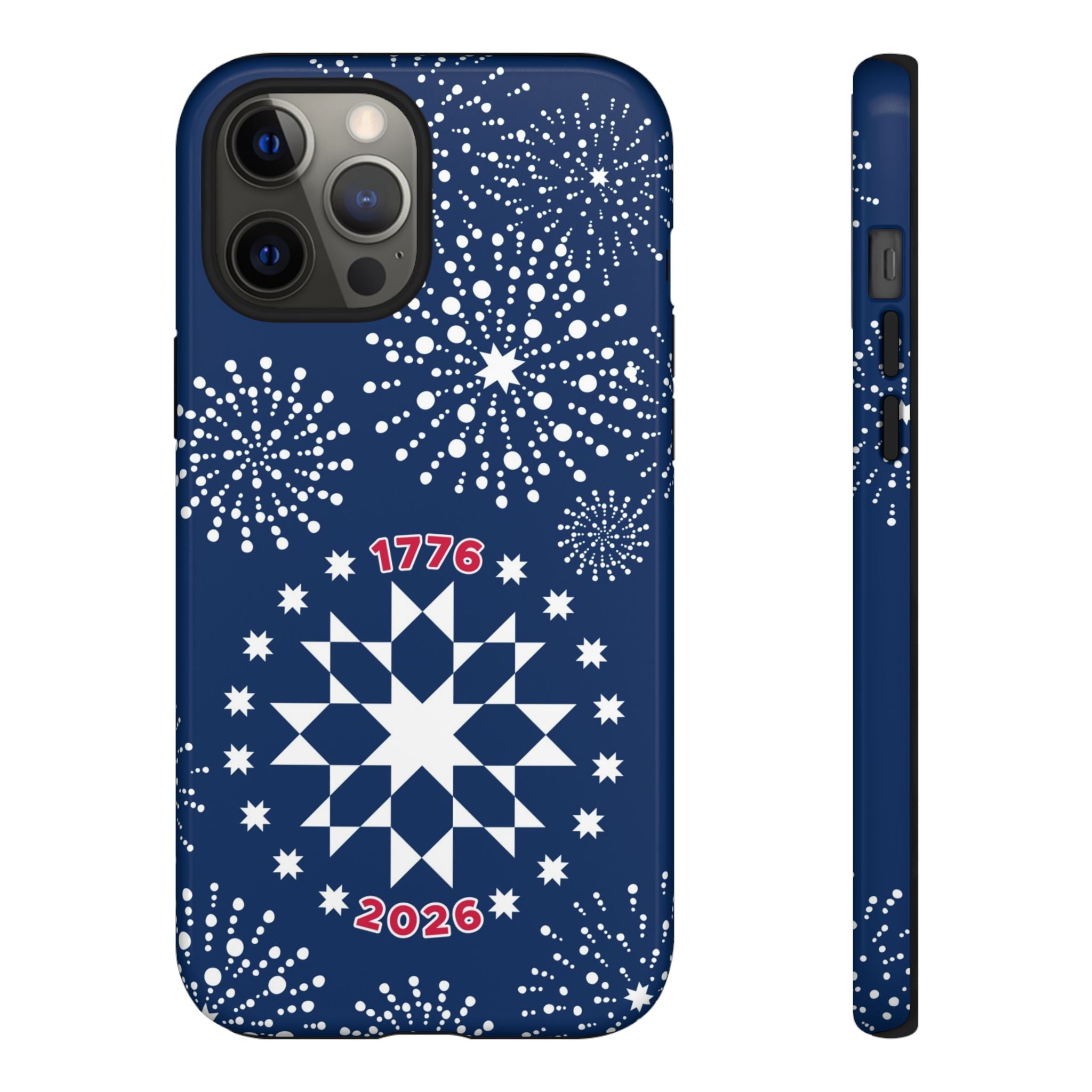 250th Fireworks Tough iPhone 12 Pro Max Case – Glossy | navy, white patriotic star quilt fireworks print