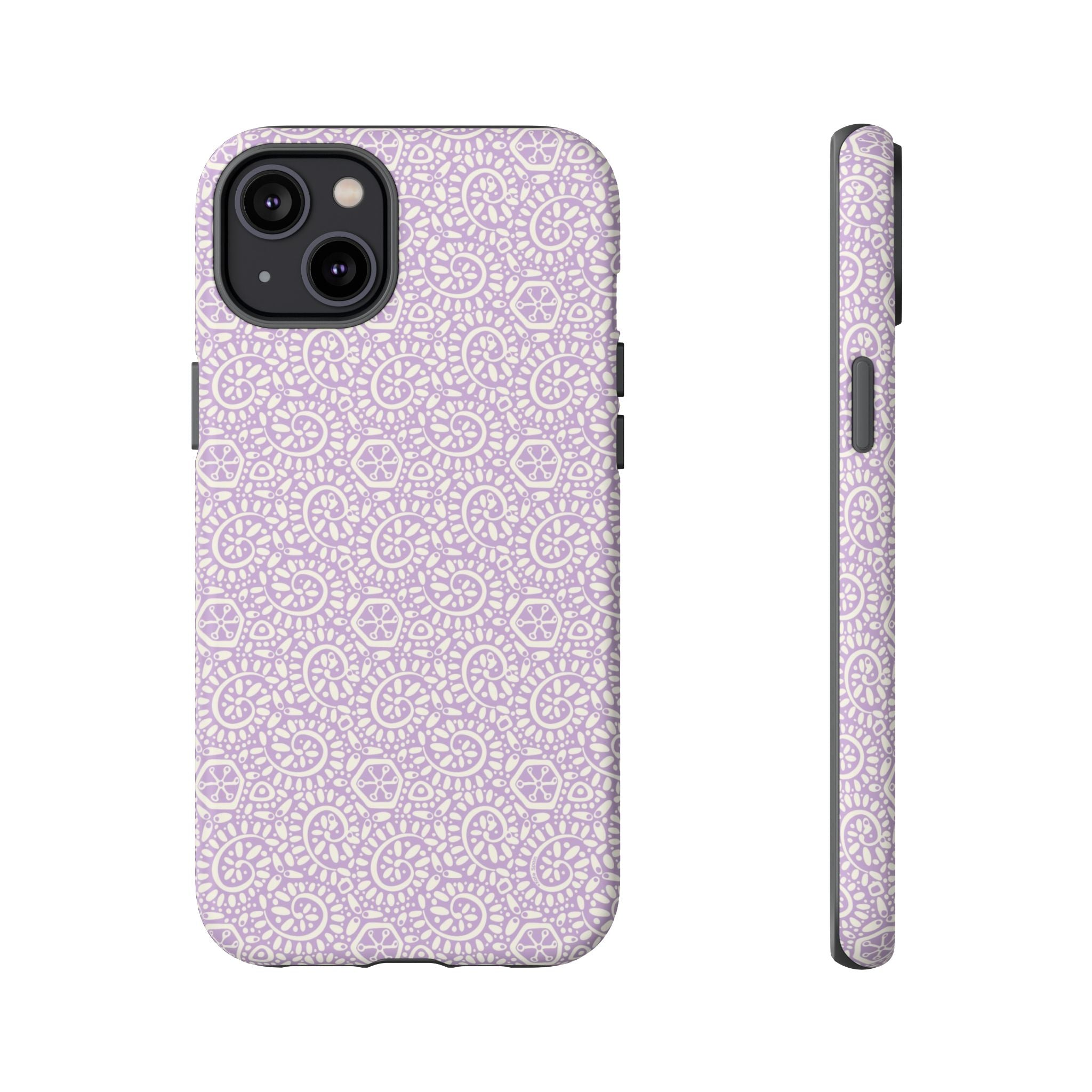 Canto Swirls Lavender iPhone 14 Plus Matte Case — lavender hard case covered in an intricate folk-art medallion pattern of radiating circular motifs, dot clusters, and geometric centers