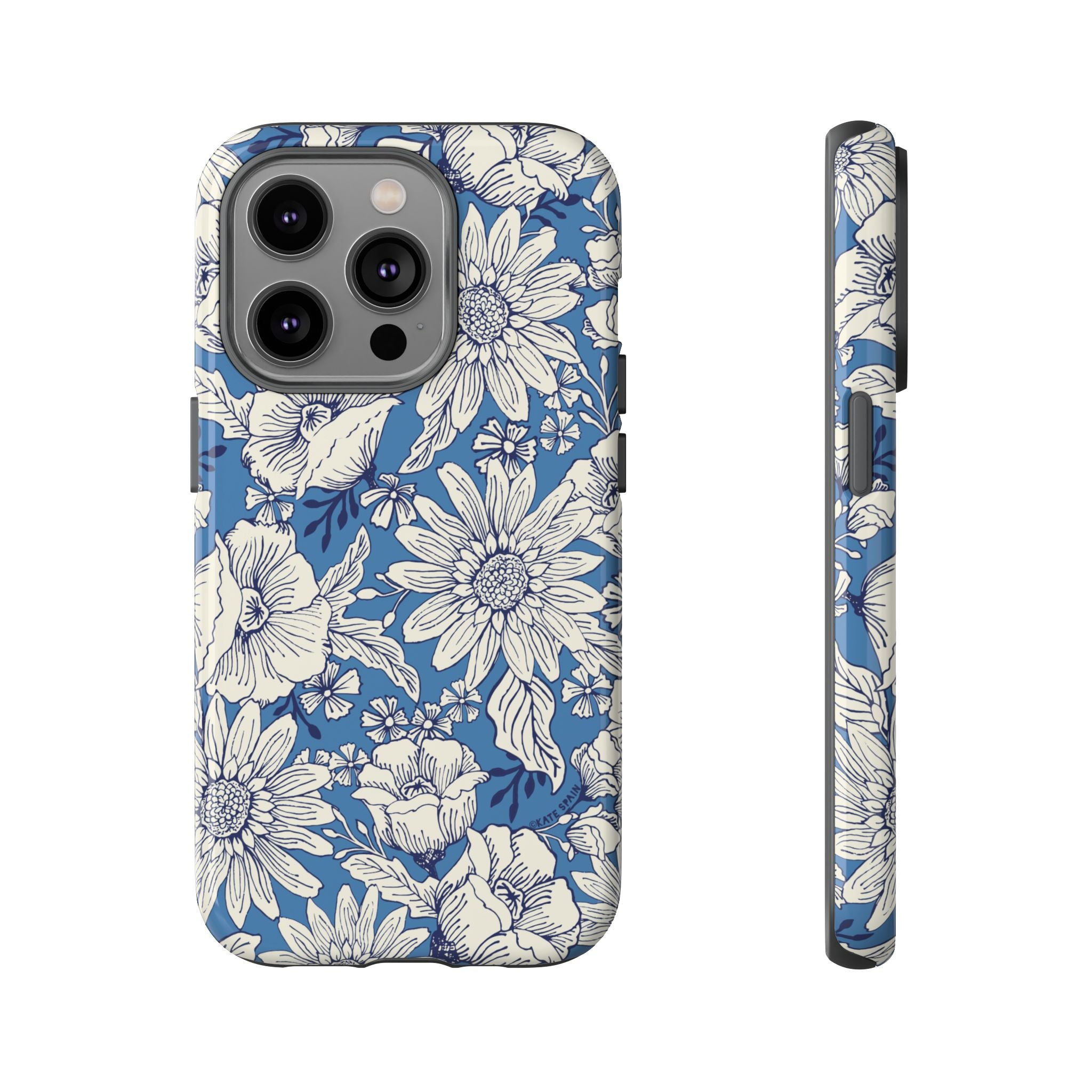 Jardin Tough iPhone 14 Pro Case – Glossy | blue and cream botanical garden print