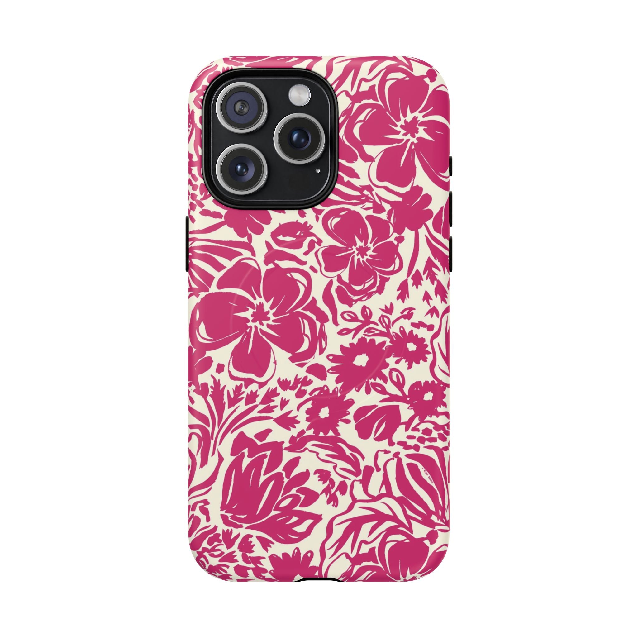 Rhapsody Bright Pink MagSafe iPhone 15 Pro Max Matte case — bold magenta floral print on cream by Kate Spain
