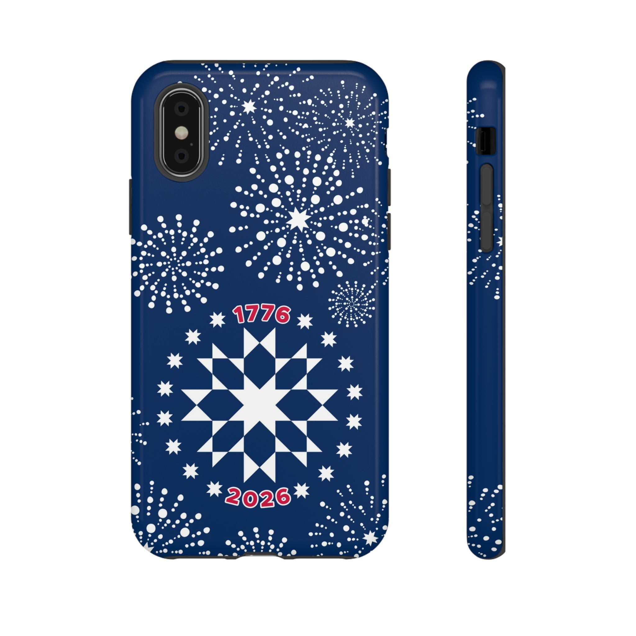 250th Fireworks Tough iPhone X Case – Glossy | navy, white patriotic star quilt fireworks print