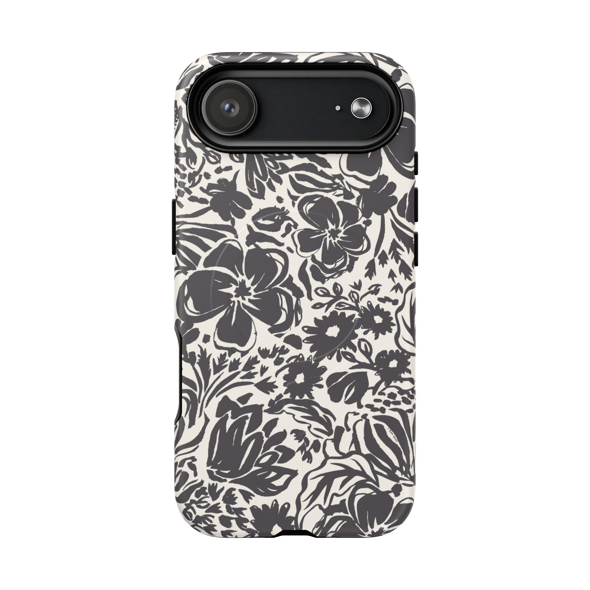 Rhapsody Black MagSafe iPhone 17 Air Matte case — bold charcoal floral print on cream by Kate Spain
